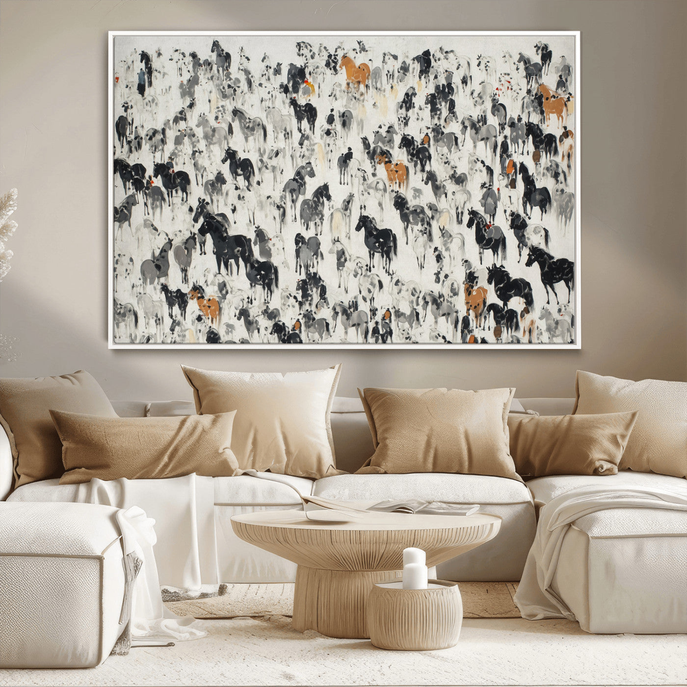 56463722-MGV-CV-36X24-Wild Horse Stampede Wall Art Canvas Print – Monochrome Running Horses Dynamic Motion Elegant Scene Artwork for Home, Office