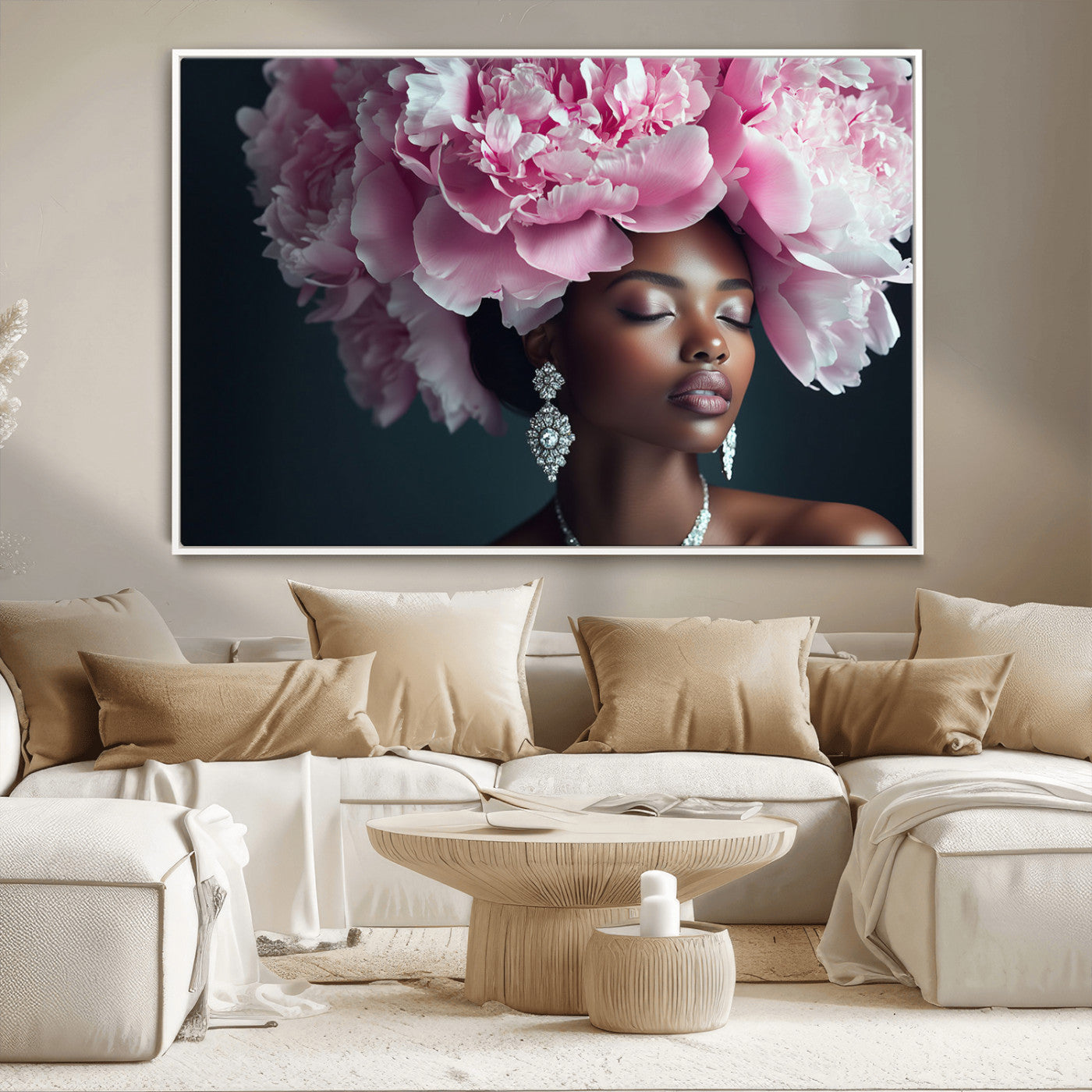 -Black Beauty Petal Crown Wall Art Canvas Print – Floral Petal Headpiece Elegant Design, Petal Inspired Artwork for Home, Office