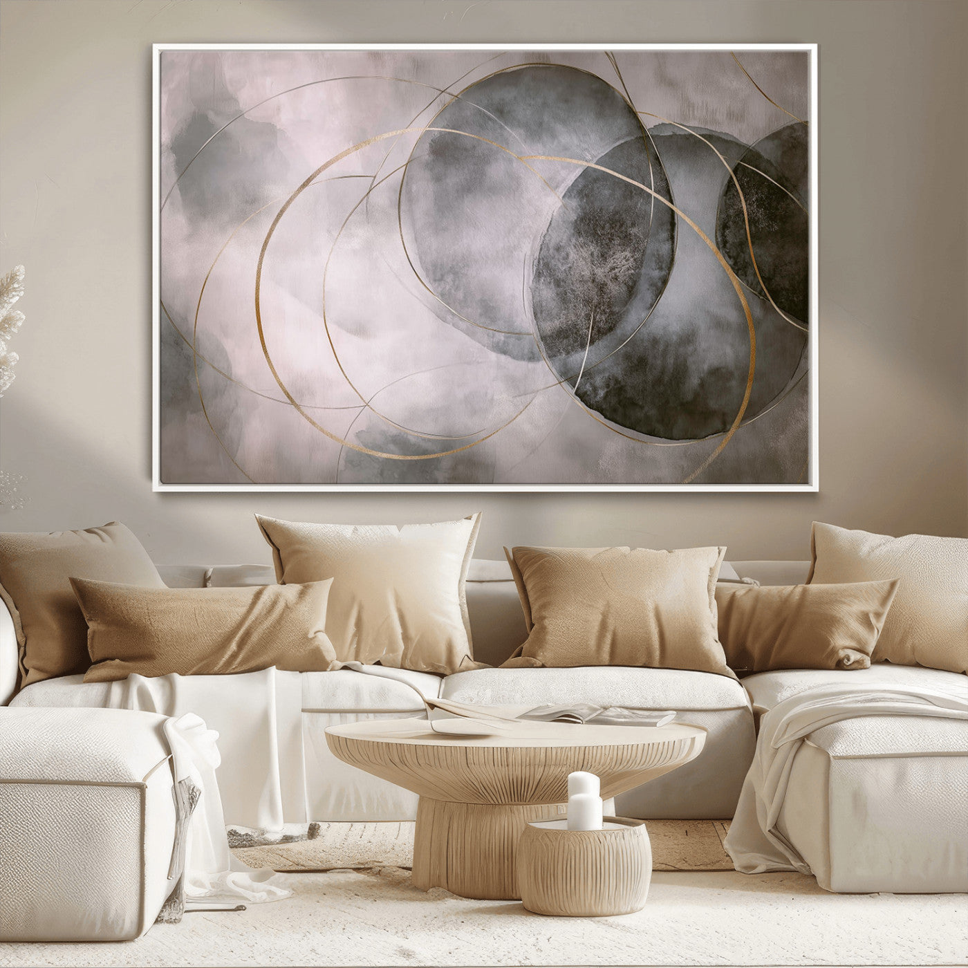 20066876-MGV-CV-36X24-Abstract Grey Gold Circle Wall Art – Modern Geometric Canvas Artwork, Minimal Elegant Design, Luxury Wall Decor for Home, Office