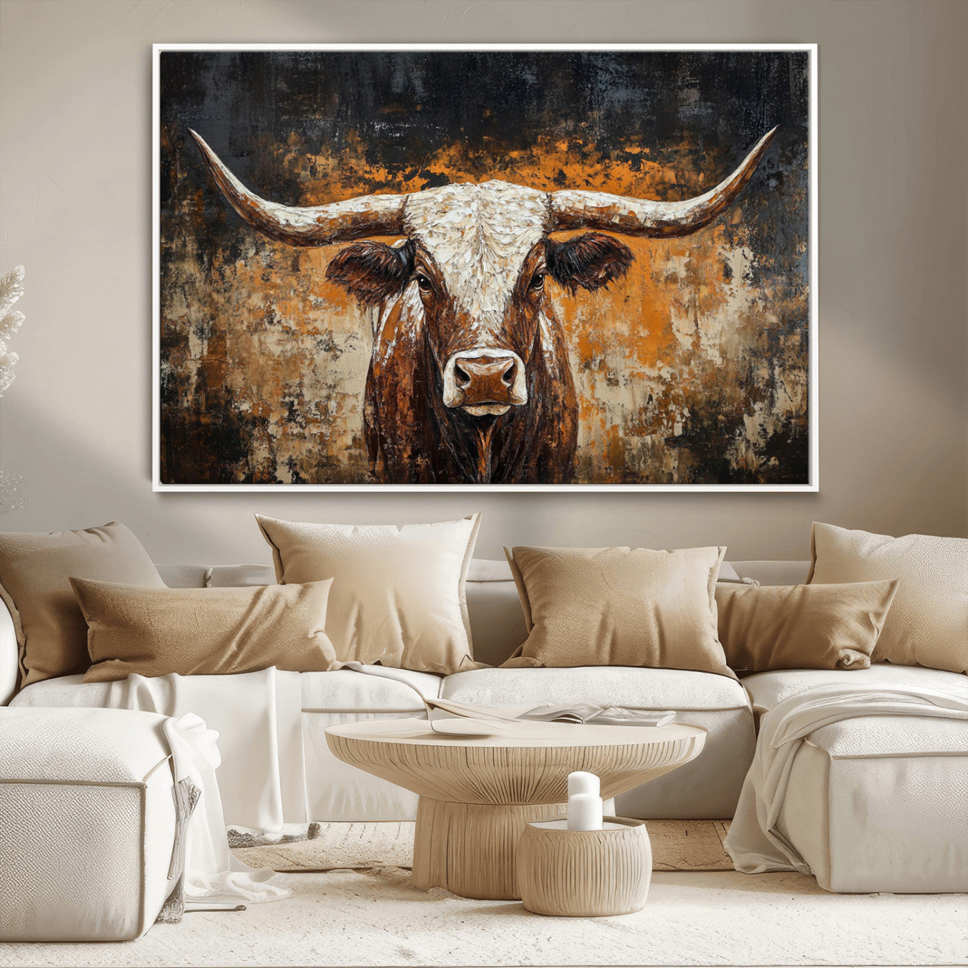 25265572-MGV-CV-36X24-Rustic Longhorn Bull Wall Art Canvas Print – Vintage Western Cattle Scene, Texas Steer Artwork for Home, Office