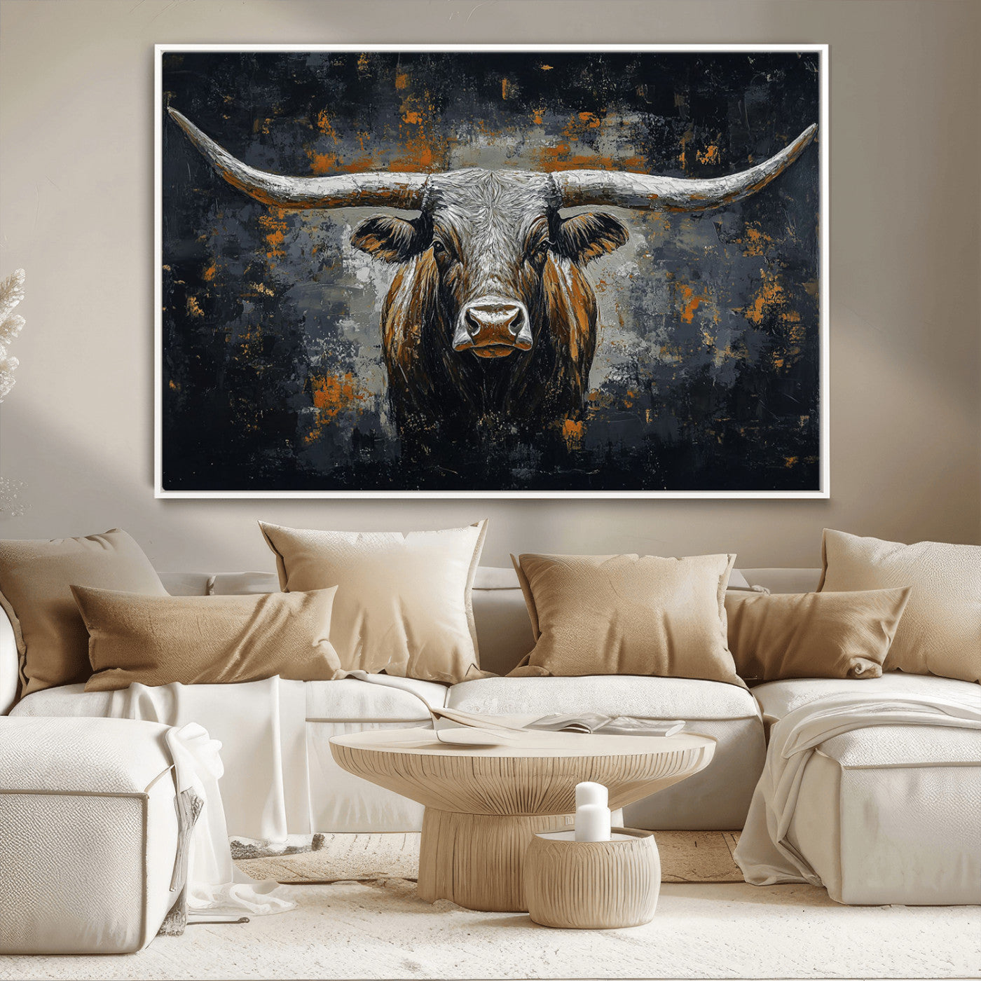 93195031-MGV-CV-36X24-Rustic Longhorn Bull Wall Art Canvas Print – Vintage Western Cattle Scene, Texas Steer Artwork for Home, Office