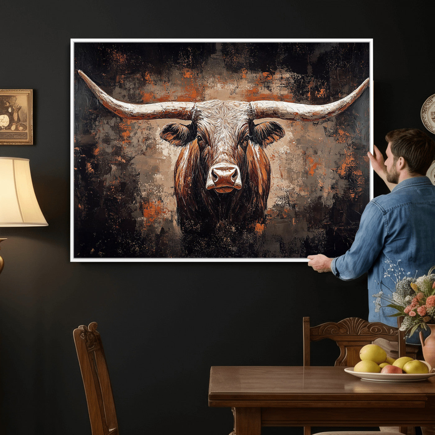 24779067-MGV-CV-36X24 - Rustic Longhorn Bull Wall Art Canvas Print – Vintage Western Cattle Painting, Texas Steer Artwork