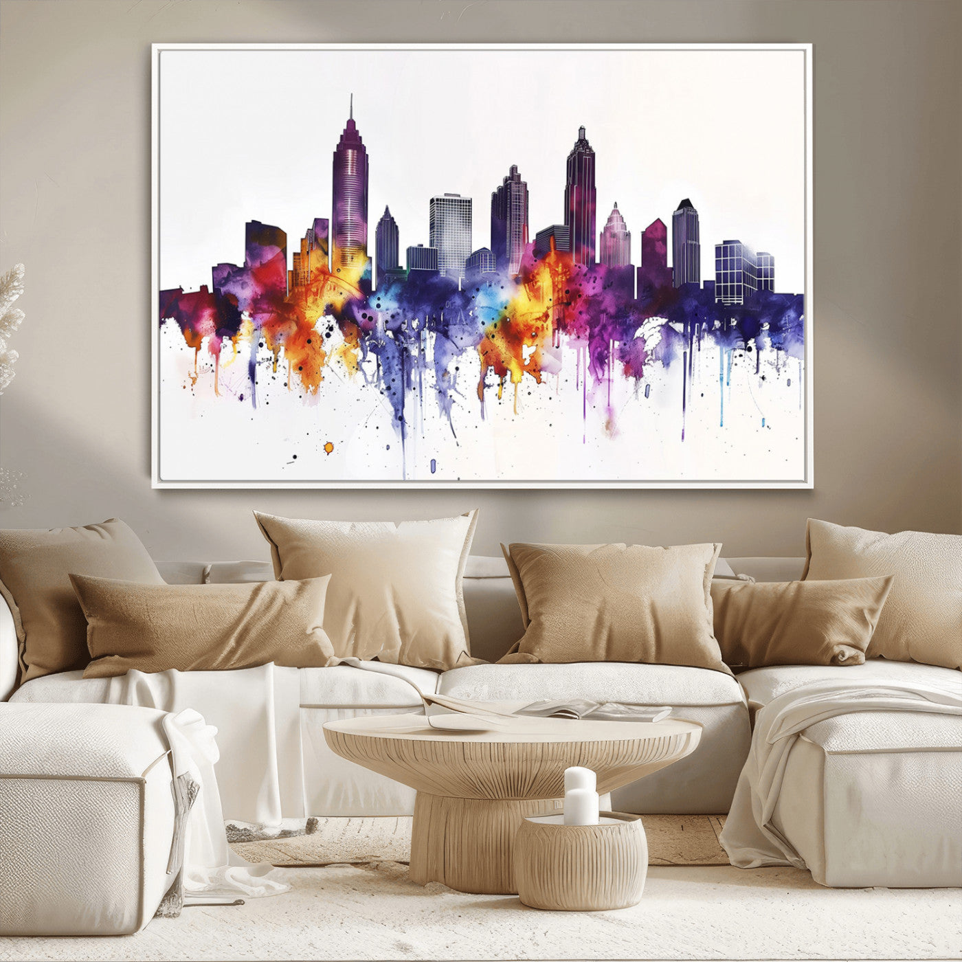 34479880-MGV-CV-36X24-Atlanta Skyline Wall Art Canvas Print – Framed Colorful Watercolor Cityscape Artwork for Home, Office, Living Room