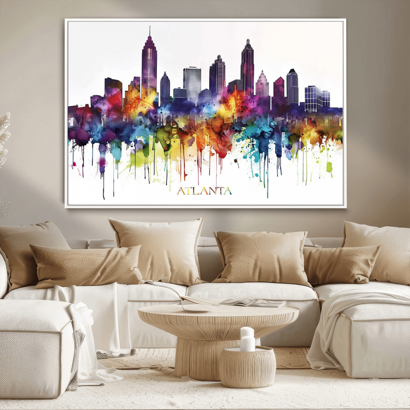 36048320-MGV-CV-36X24-Atlanta Skyline Wall Art Canvas Print – Framed Colorful Watercolor Cityscape Abstract Urban Artwork for Home, Office