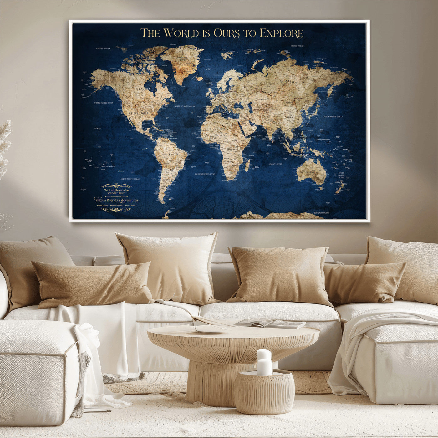 10181149-MGV-FC-36X24_White-Personalized Push Pin World Map Canvas Print – Custom Travel Tracker Wall Art, Framed Adventure Map Gift for Couples