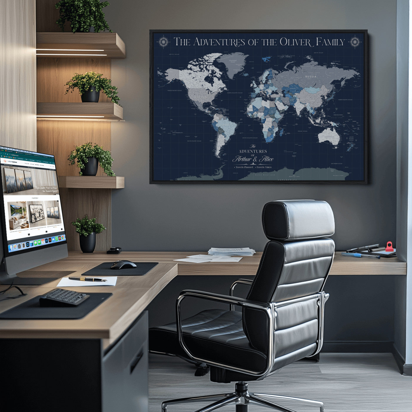 -Personalized Family Adventure World Map – Custom Framed Push Pin Travel Tracker Canvas, Elegant Wall Art for Home, Office