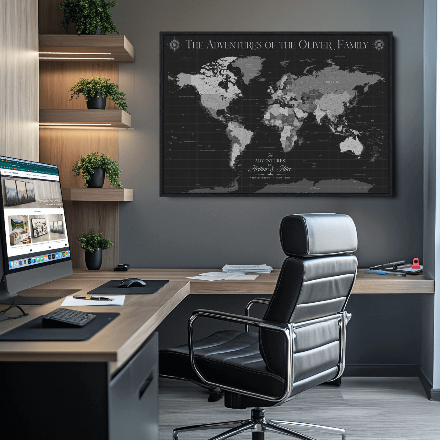 -Personalized Family World Map Canvas – Custom Framed Push Pin Travel Tracker, Modern Adventure Wall Art for Home, Office