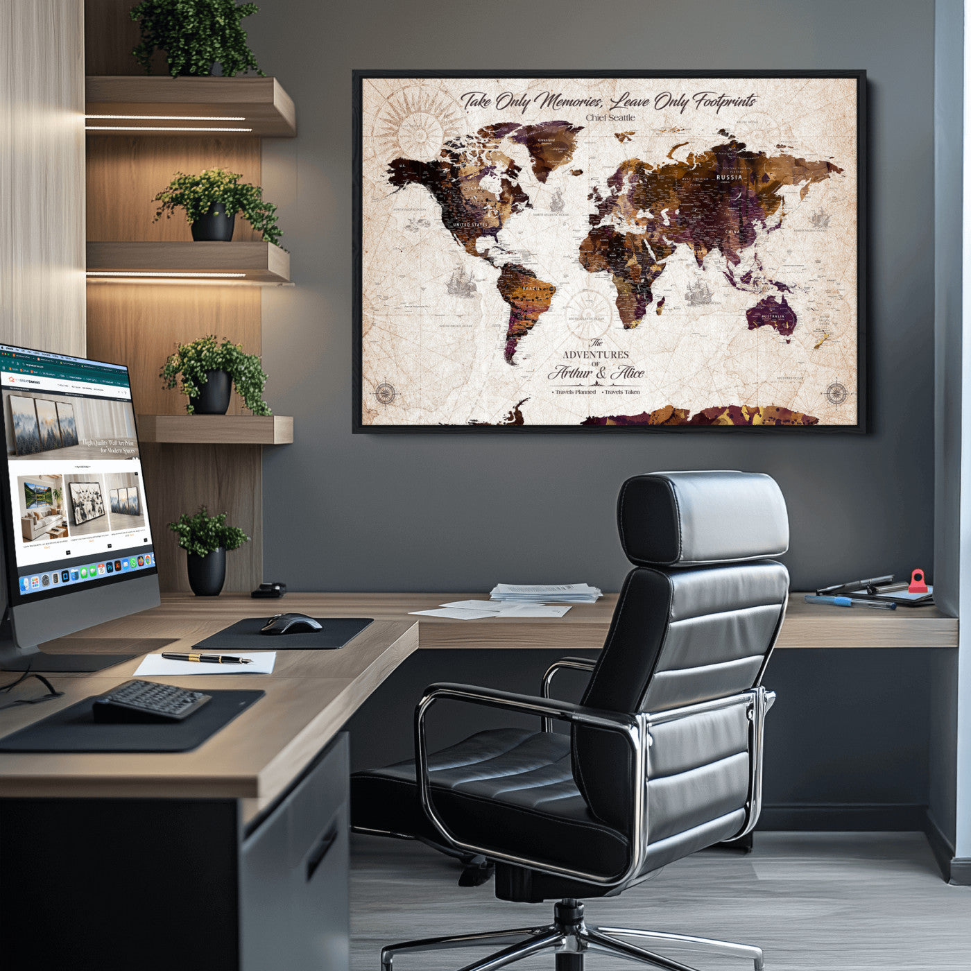 -Personalized World Map Canvas – Custom Framed Push Pin Travel Tracker, Elegant Wall Art Gift for Couples for Home, Office