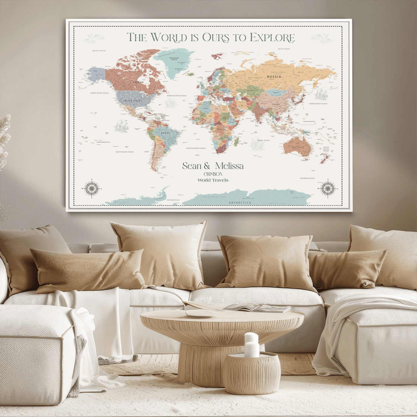 Rehber01-MGV-CV-36X24-Custom Push Pin World Map Wall Art Canvas Print – Personalized Travel Tracker with Pins Framed Large for home, office