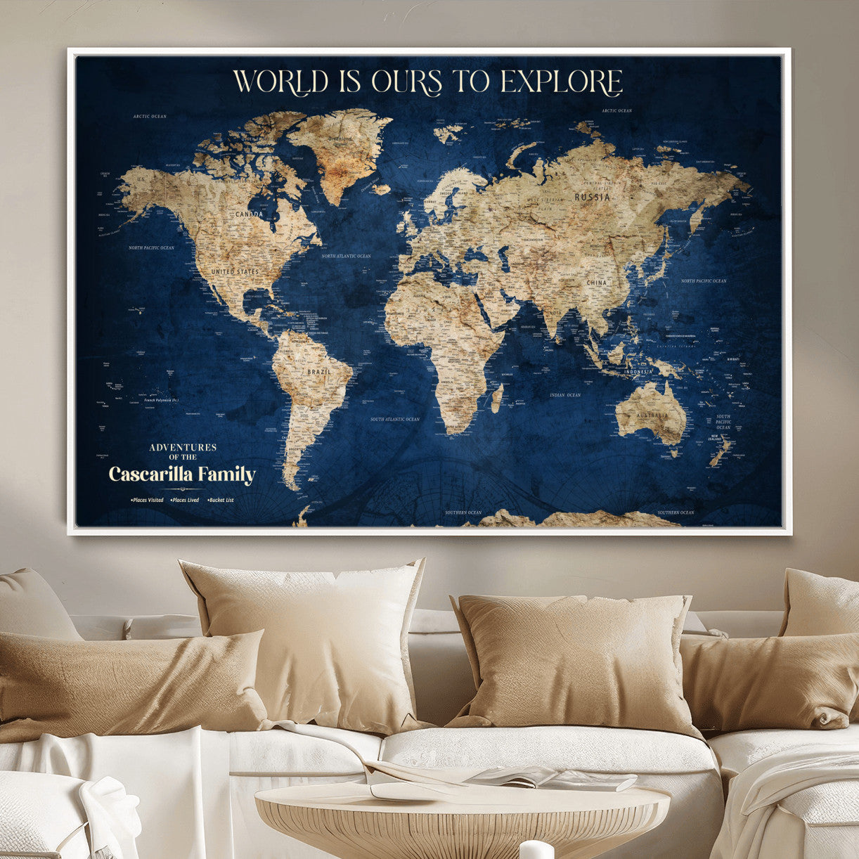 54782997-MGV-FC-36X24 - Personalized Push Pin World Map Canvas Print – Custom Travel Tracker Wall Art, Large World Map Decor for Home, Office