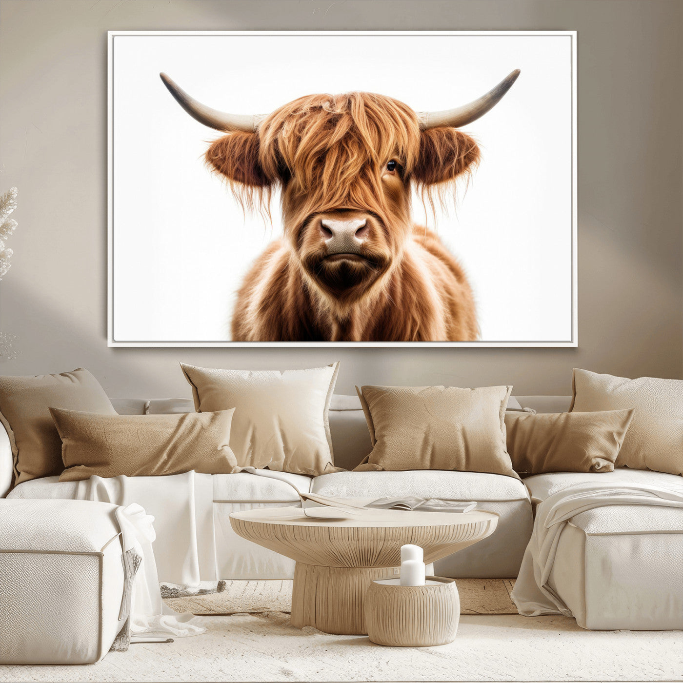 637908607-MGV-FC-36X24_White-Scottish Highland Cow Canvas Print, Framed Highland Cow Canvas Home Decor