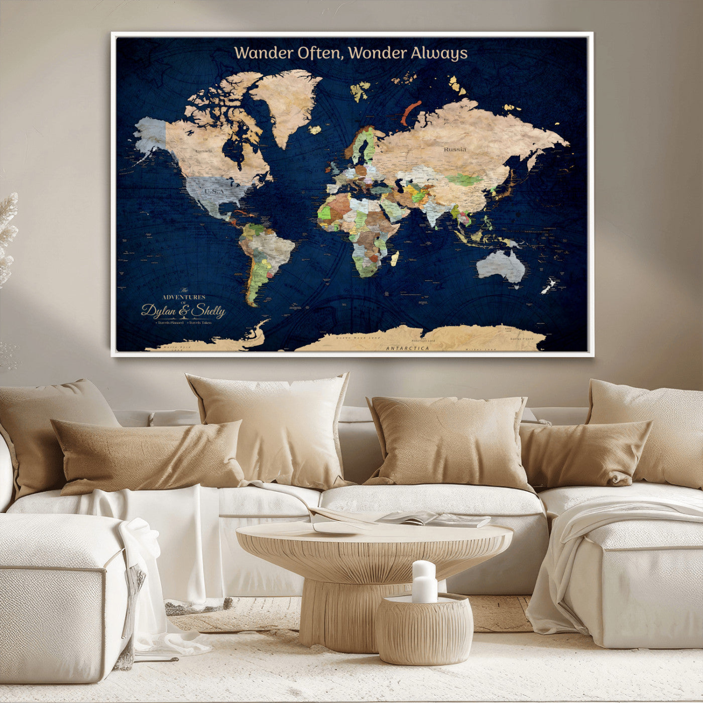 Rehber01-MGV-CV-36X24-Personalized World Map Canvas – Custom Framed Push Pin Travel Map Wall Art, Navy Blue Vintage Gift for Couples and Adventurers