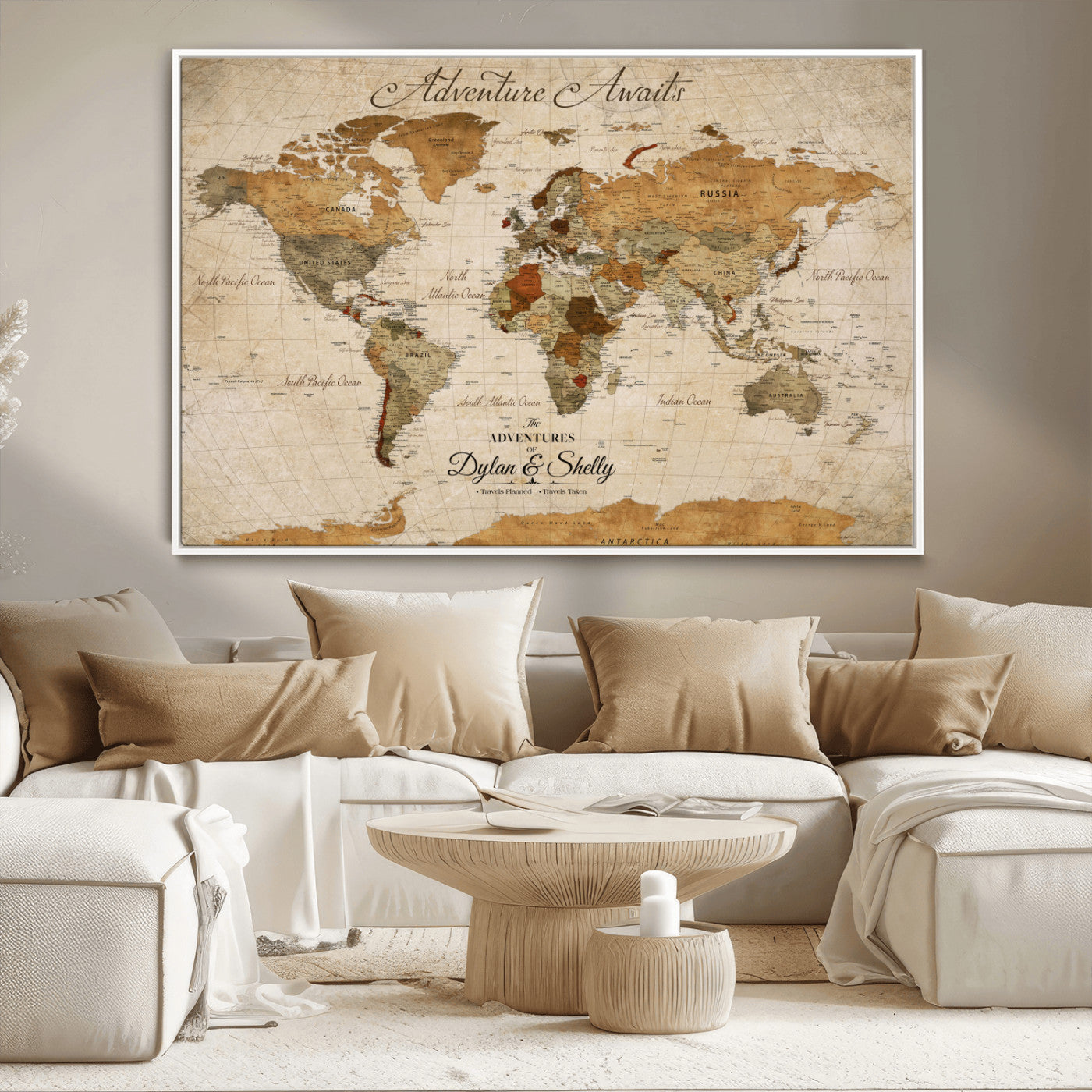 -Personalized Push Pin World Map Canvas Print – Custom Adventure Travel Map, Framed Wall Art Gift for Couples or Family