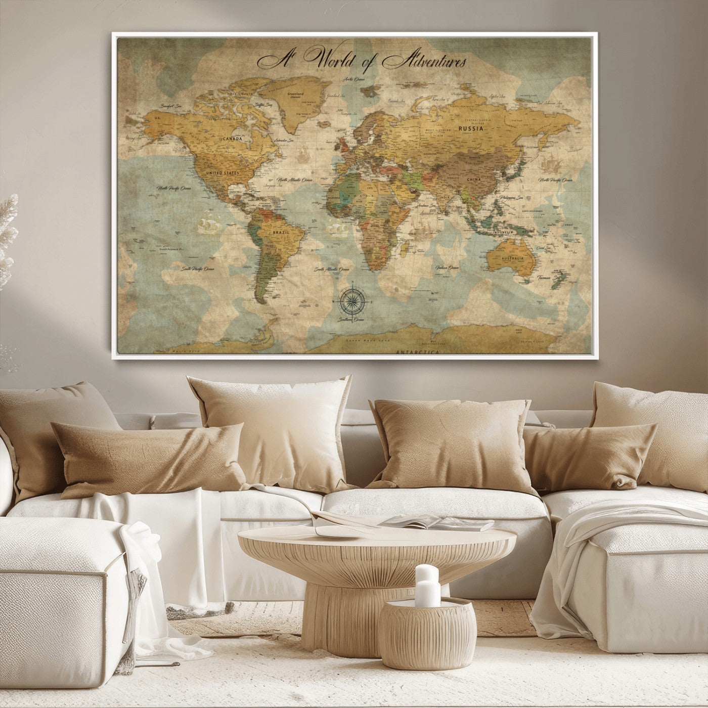 Rehber01-MGV-CV-36X24-Personalized World Map Canvas – Custom Framed Push Pin Travel Map Wall Art, Vintage Style Gift for Couples or Families