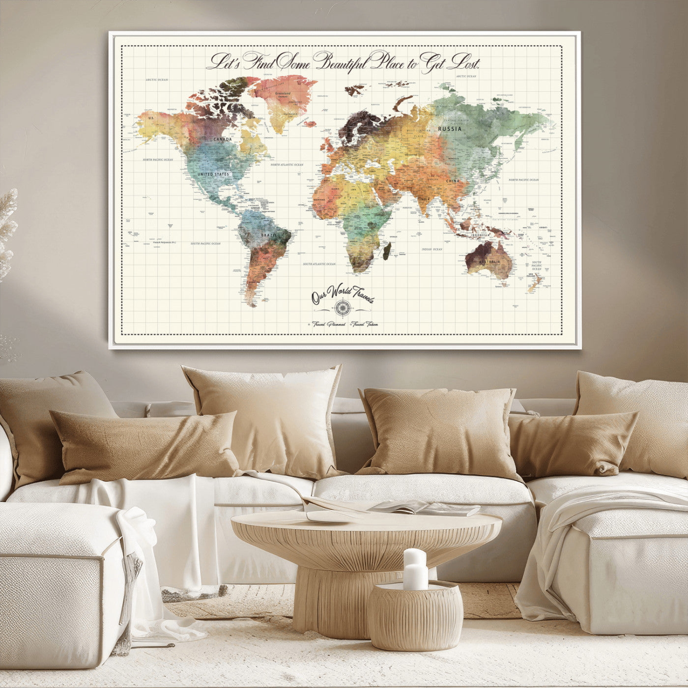 -Personalized Push Pin World Map Canvas Print – Custom Adventure Travel Tracker Map, Framed Wall Art Gift for Couples or Family