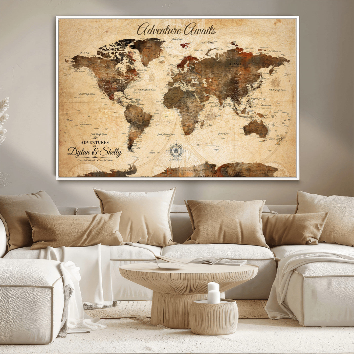 Rehber01-MGV-CV-36X24-Personalized World Map Canvas Wall Art – Custom Framed Push Pin Travel Tracker Print, Unique Gift for Home or Office Decor