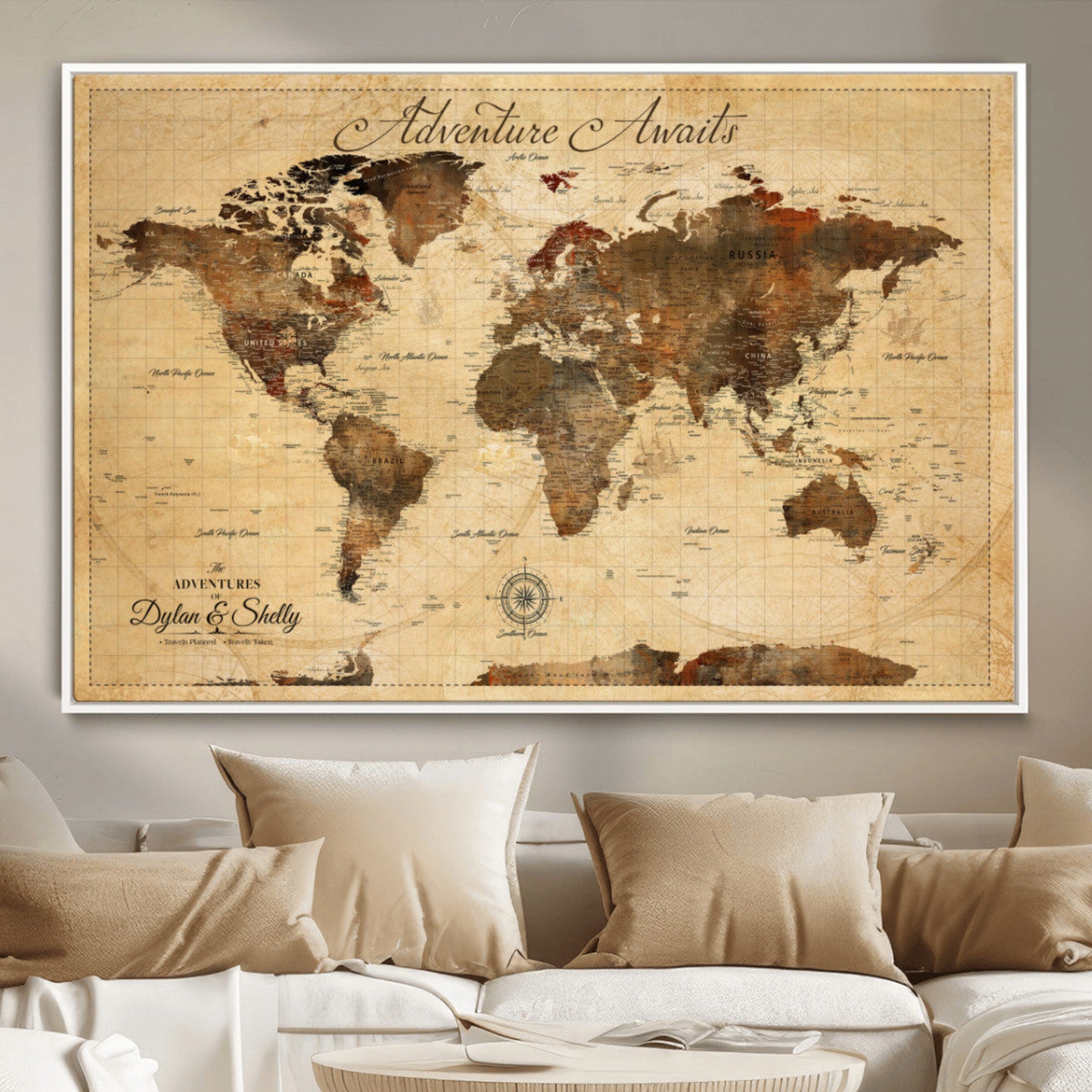 Rehber01-MGV-CV-36X24-Personalized World Map Canvas Wall Art – Custom Framed Push Pin Travel Tracker Print, Unique Gift for Home or Office Decor