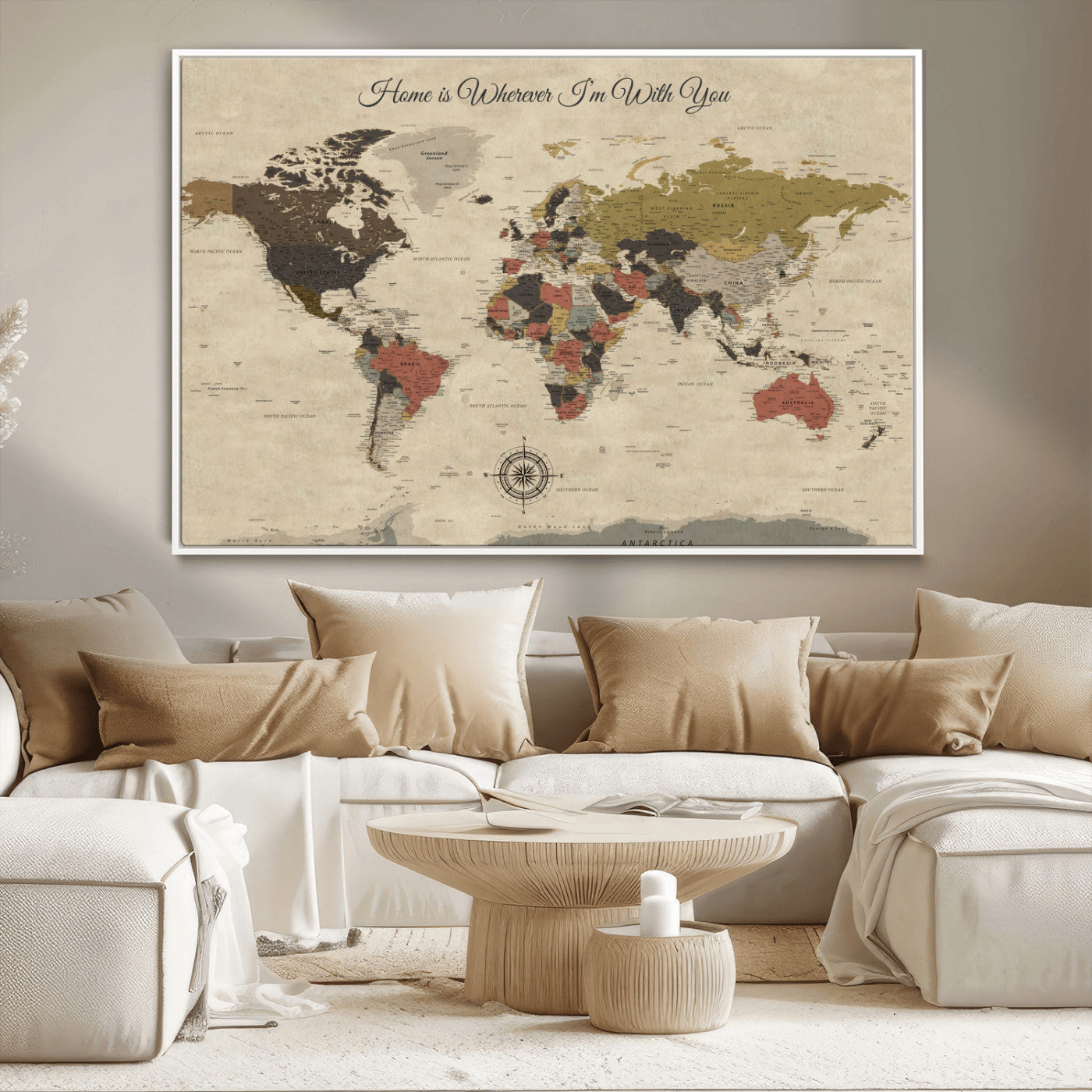 -Personalized World Map Wall Art Canvas Print – Customizable Push Pin Framed Travel Map Artwork for Home Office