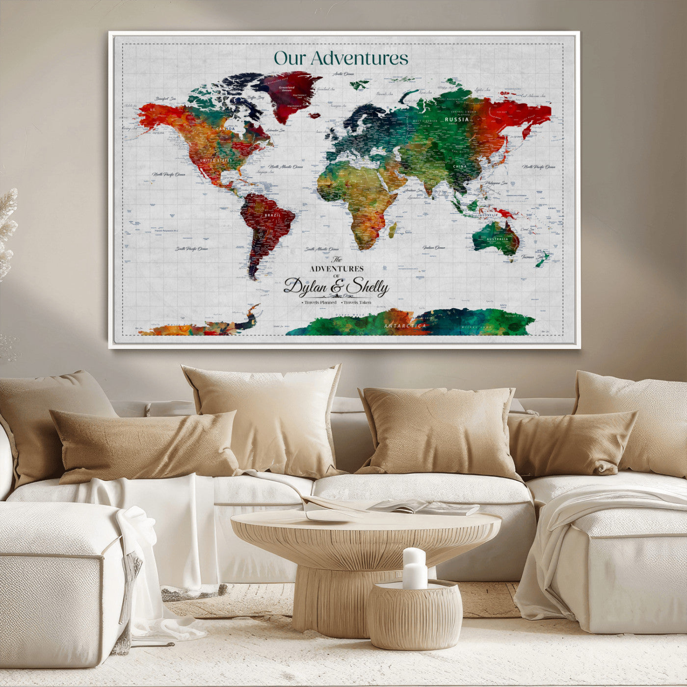 Rehber01-MGV-CV-36X24-Personalized World Map Canvas Wall Art – Custom Framed Push Pin Travel Tracker Print, Unique Gift for Home or Office Decor