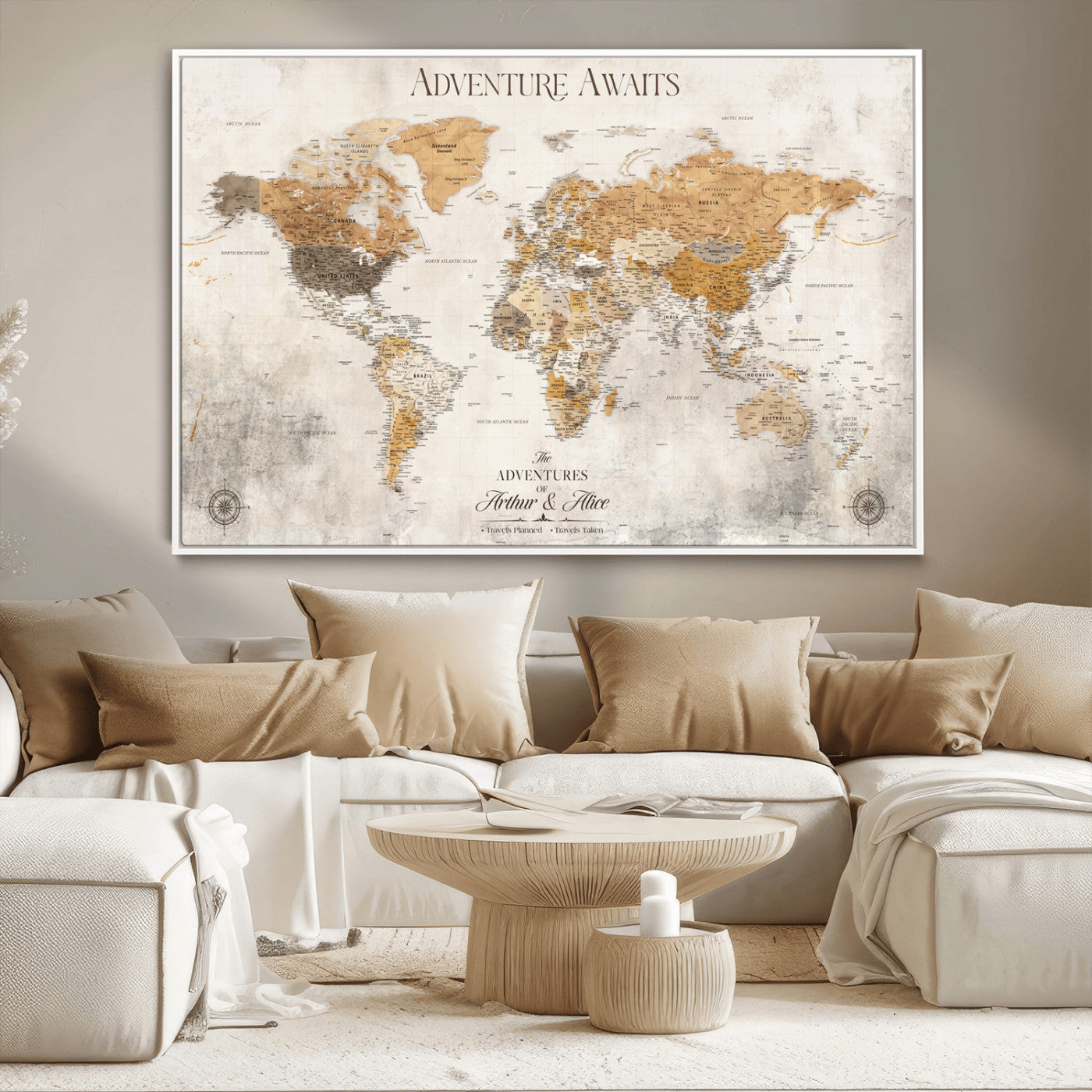 Rehber01-MGV-CV-36X24-Personalized World Map Canvas Print – Custom Push Pin Travel Map Vintage Neutral Style Gift for Couples Travelers for Home Office