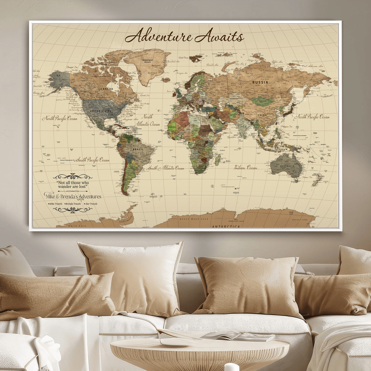 31875069-MGV-FC-36X24 - Customizable Push Pin World Map Wall Canvas Print – Personalize Travel Tracker with Pins – Framed Custom Quotie Canvas for Home Office Decor
