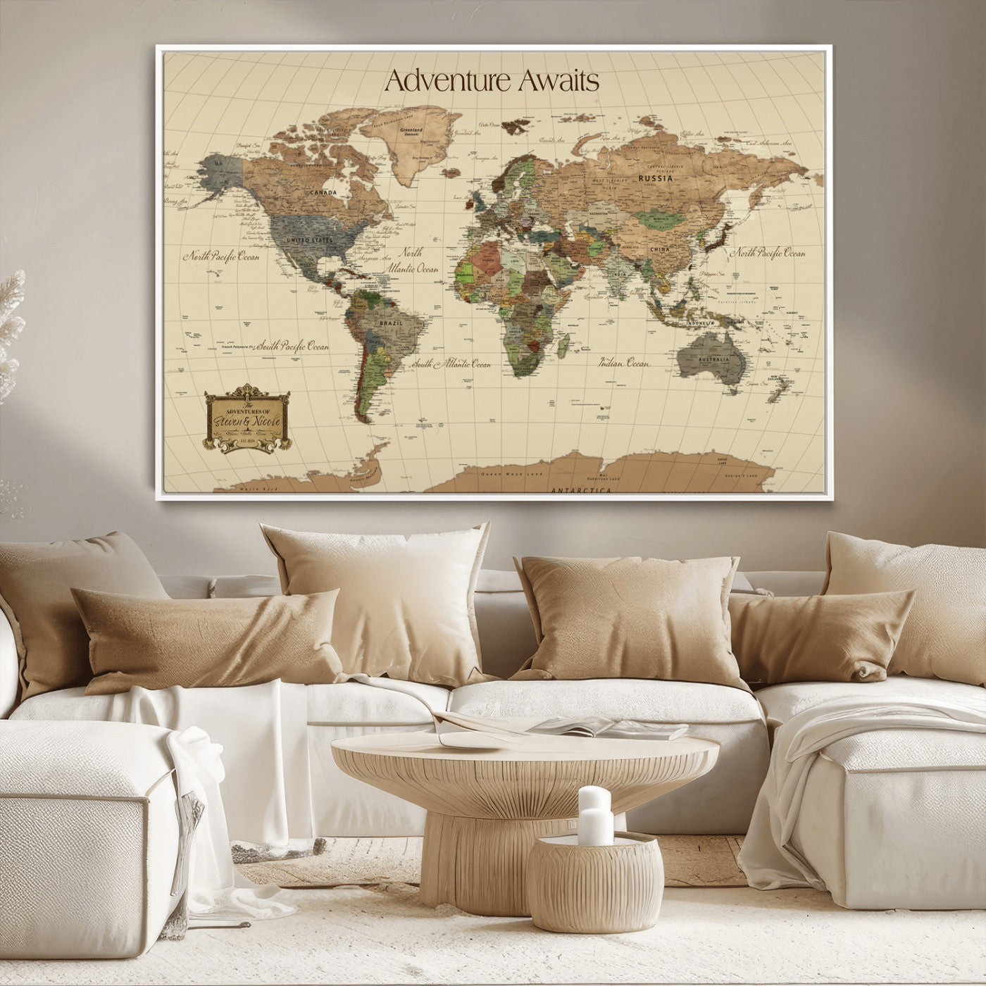 Rehber01-MGV-CV-36X24-Custom Push Pin World Map Wall Art Canvas Print – Personalized Travel Tracker Adventure Destination Gift for Home Office