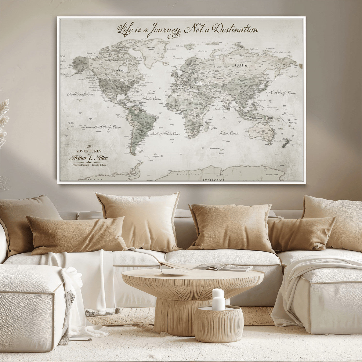 11398637-MGV-CV-36X24-Personalized Vintage World Map Canvas Print – Framed Push Pin Travel Tracker Neutral Elegant Artwork for Home, Office