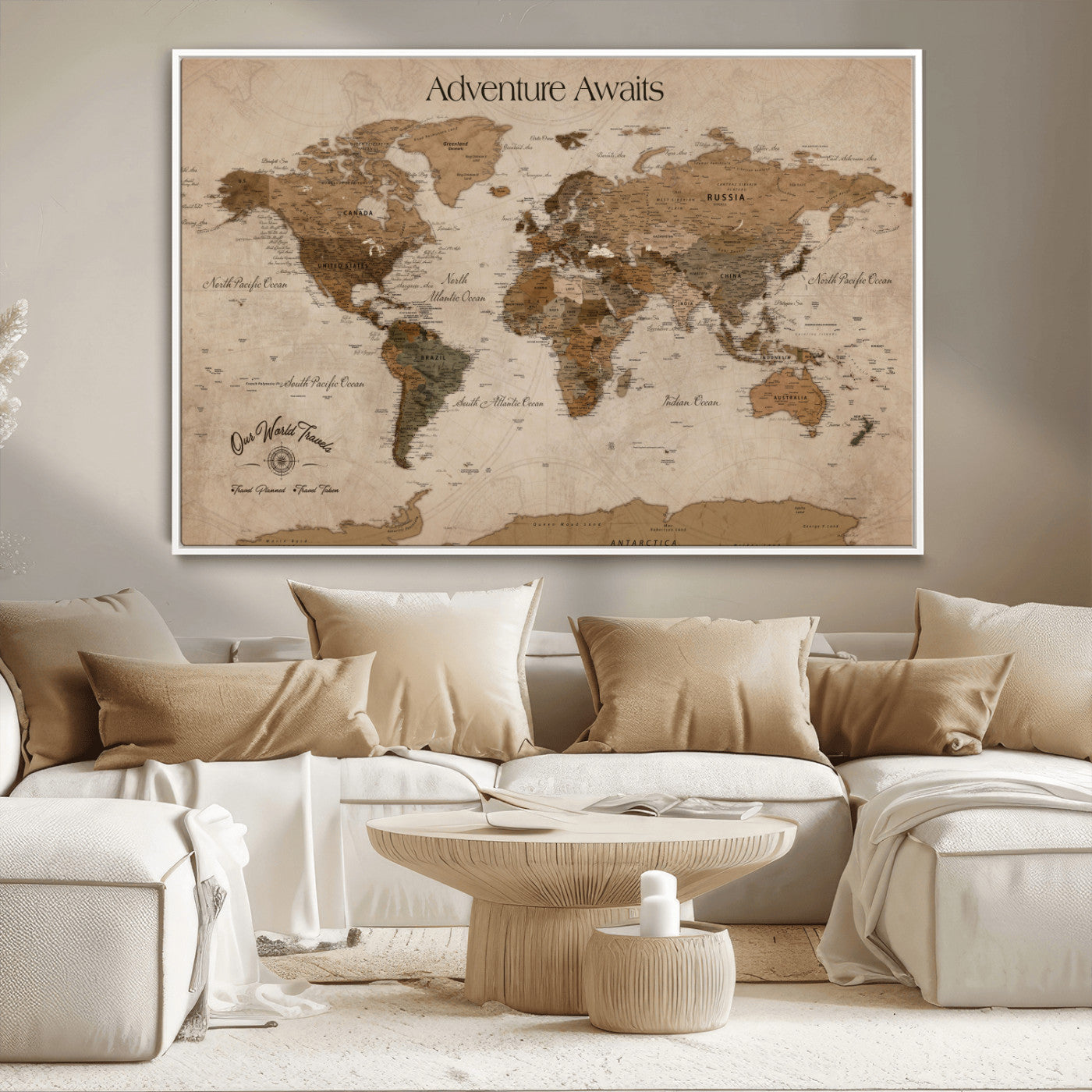 Rehber01-MGV-CV-36X24-Personalized Framed World Map Wall Art Canvas – Custom Push Pin Travel Map with 100 Pins Foam Backing for Home Office