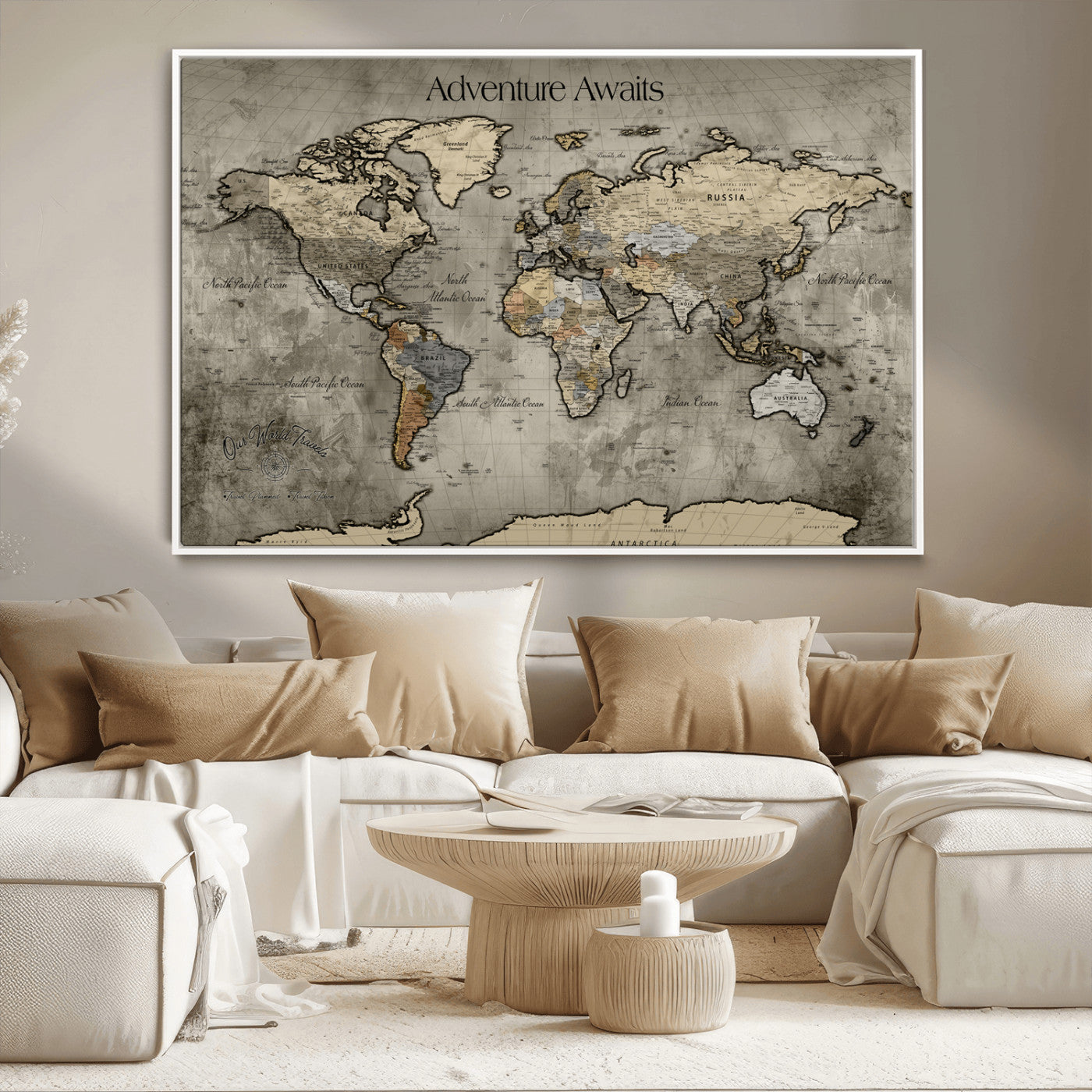 -Tree Rings Wall Art Canvas Print, Framed Wood Texture Art Picture Print, Blue Grain Perfect Rustic