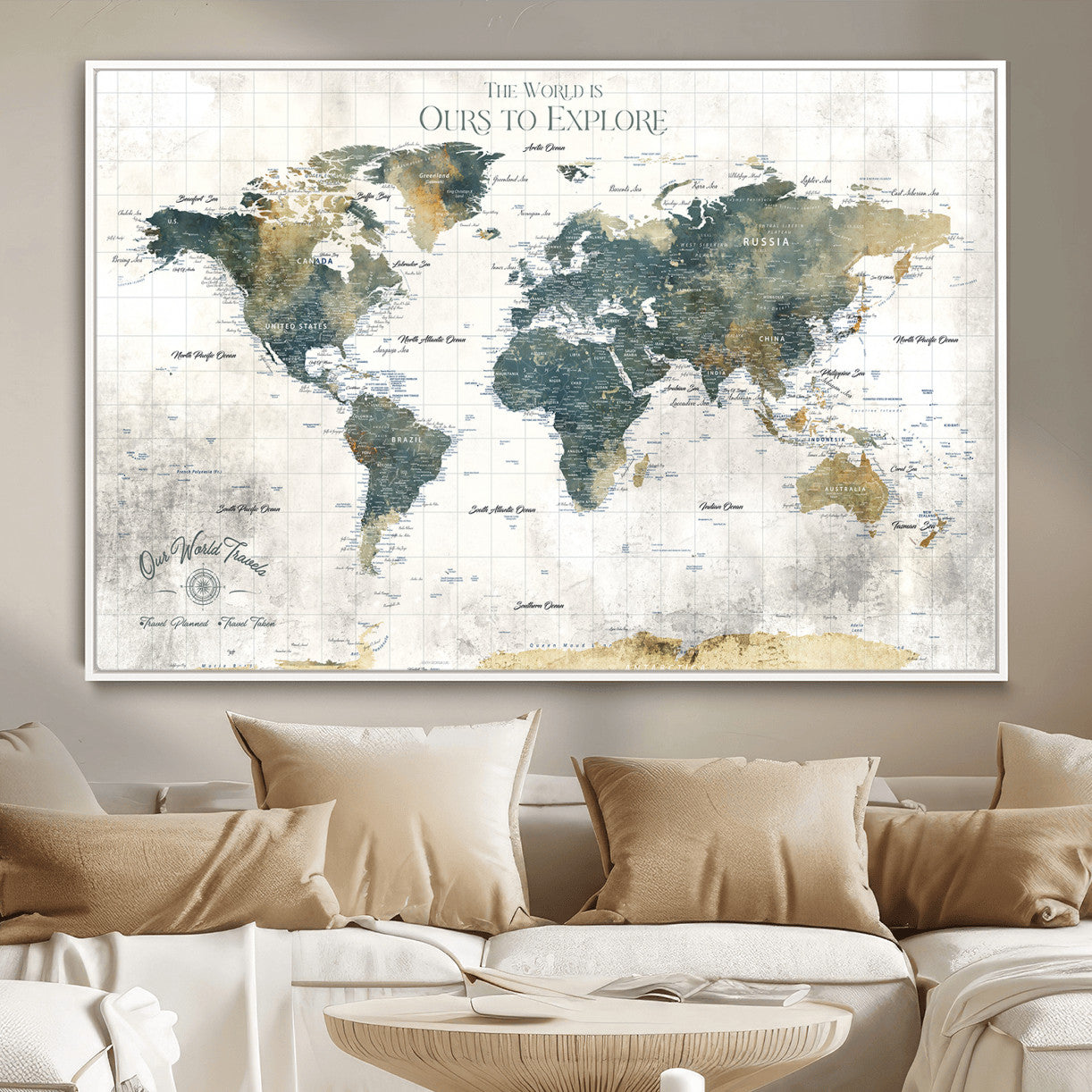 14988581-MGV-FC-36X24 - Custom Push Pin World Map Wall Canvas Print – Personalized Travel Tracker with Pins – Framed Custom Quotie Canvas for Home Office Decor