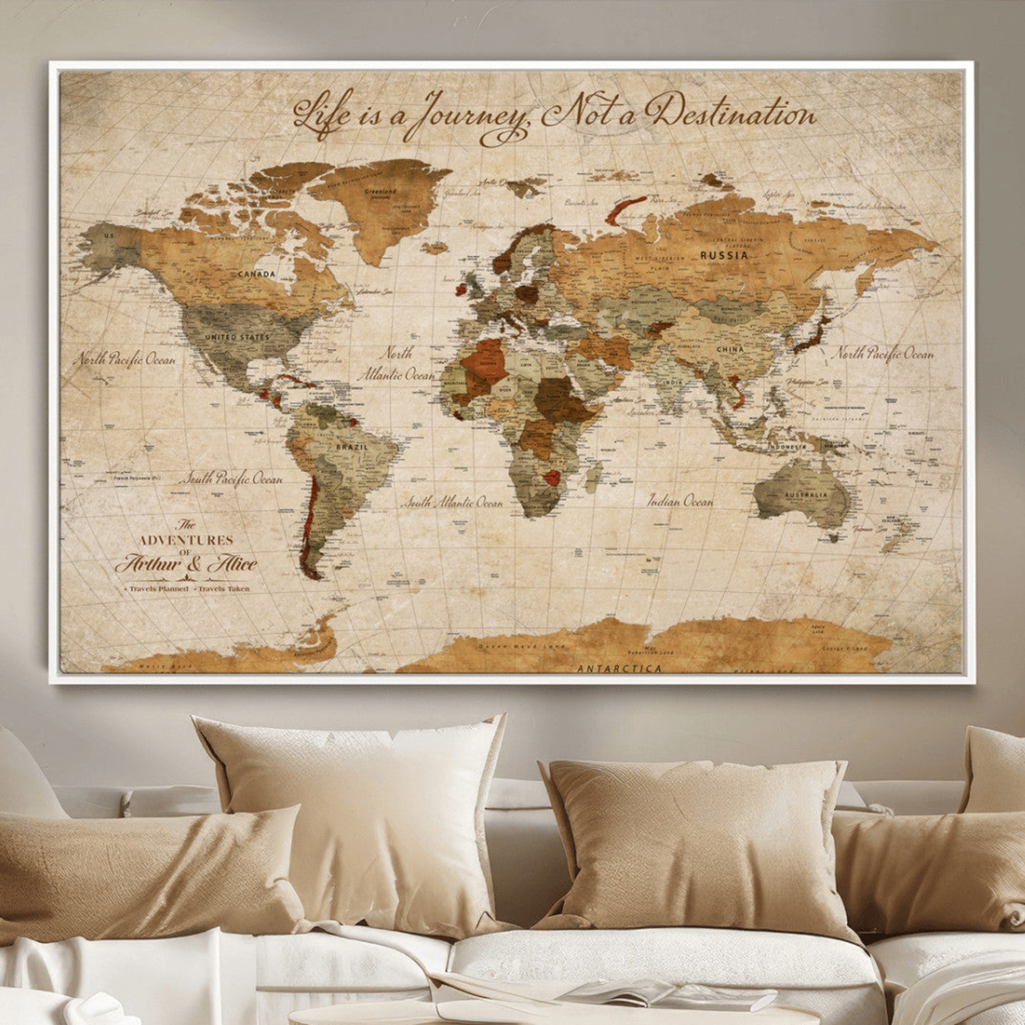Rehber01-MGV-CV-36X24-Personalized Vintage World Map Canvas – Custom Framed Push Pin Travel Map Wall Art, Rustic Gift for Couples and Travel Lovers