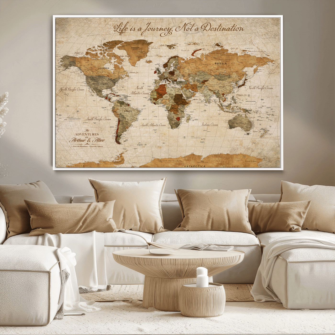 79036691-MGV-CV-36X24-Personalized World Map Canvas Wall Art – Custom Framed Push Pin Travel Tracker Print, Unique Gift for Home or Office Decor
