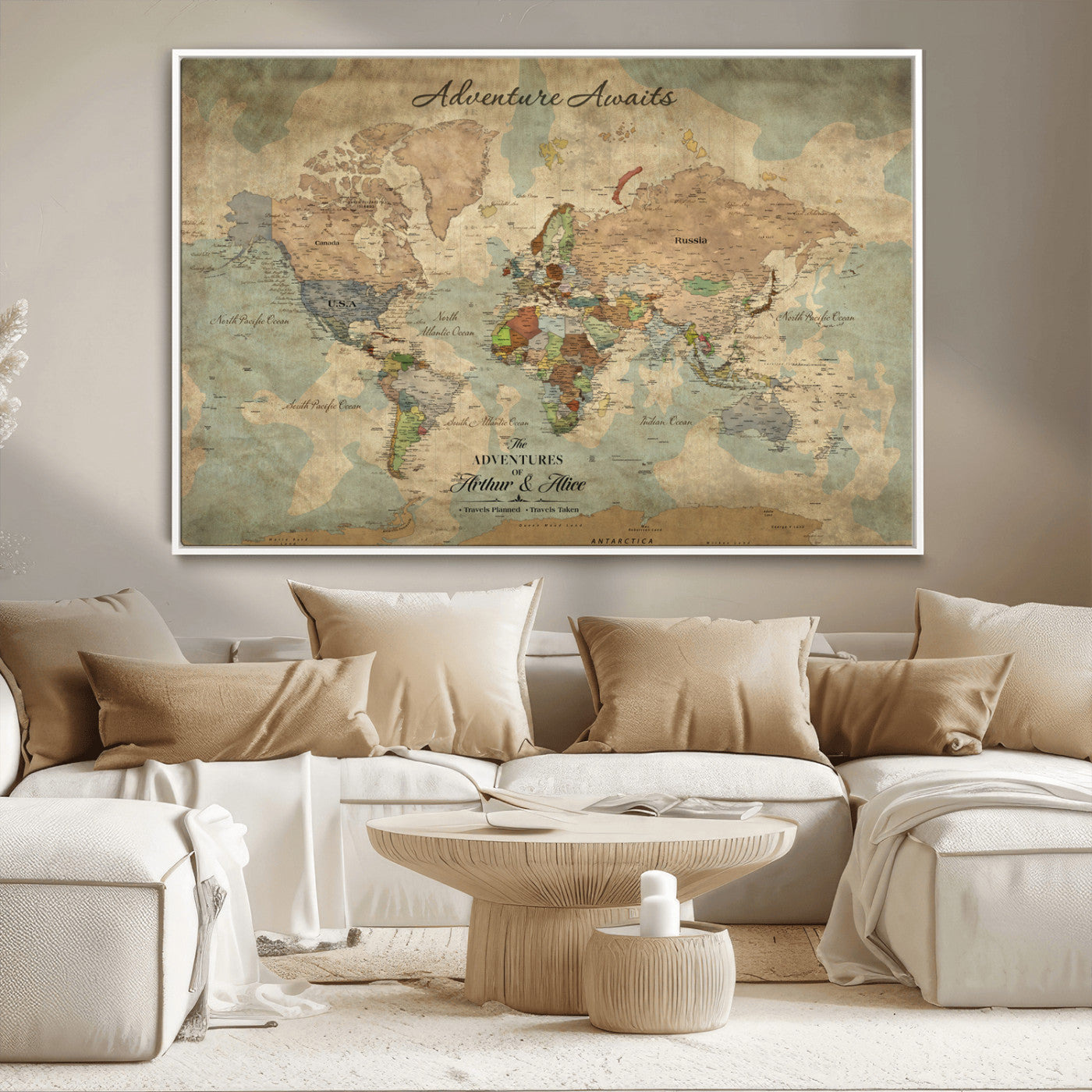 Rehber01-MGV-CV-36X24-Personalized Vintage World Map Canvas Print – Custom Push Pin Travel Map Antique Style Gift for Couples Travelers for Home Office