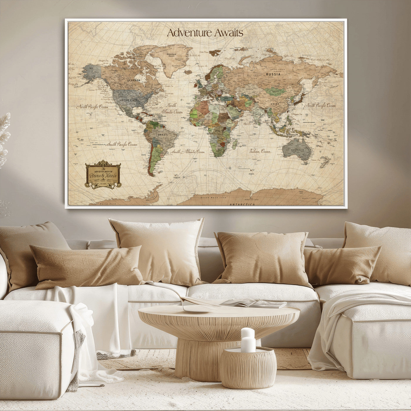 33020399-MGV-CV-36X24-Personalized World Map Canvas Print – Custom Push Pin Travel Tracker Map Anniversary Gift for Couples for Home, Office
