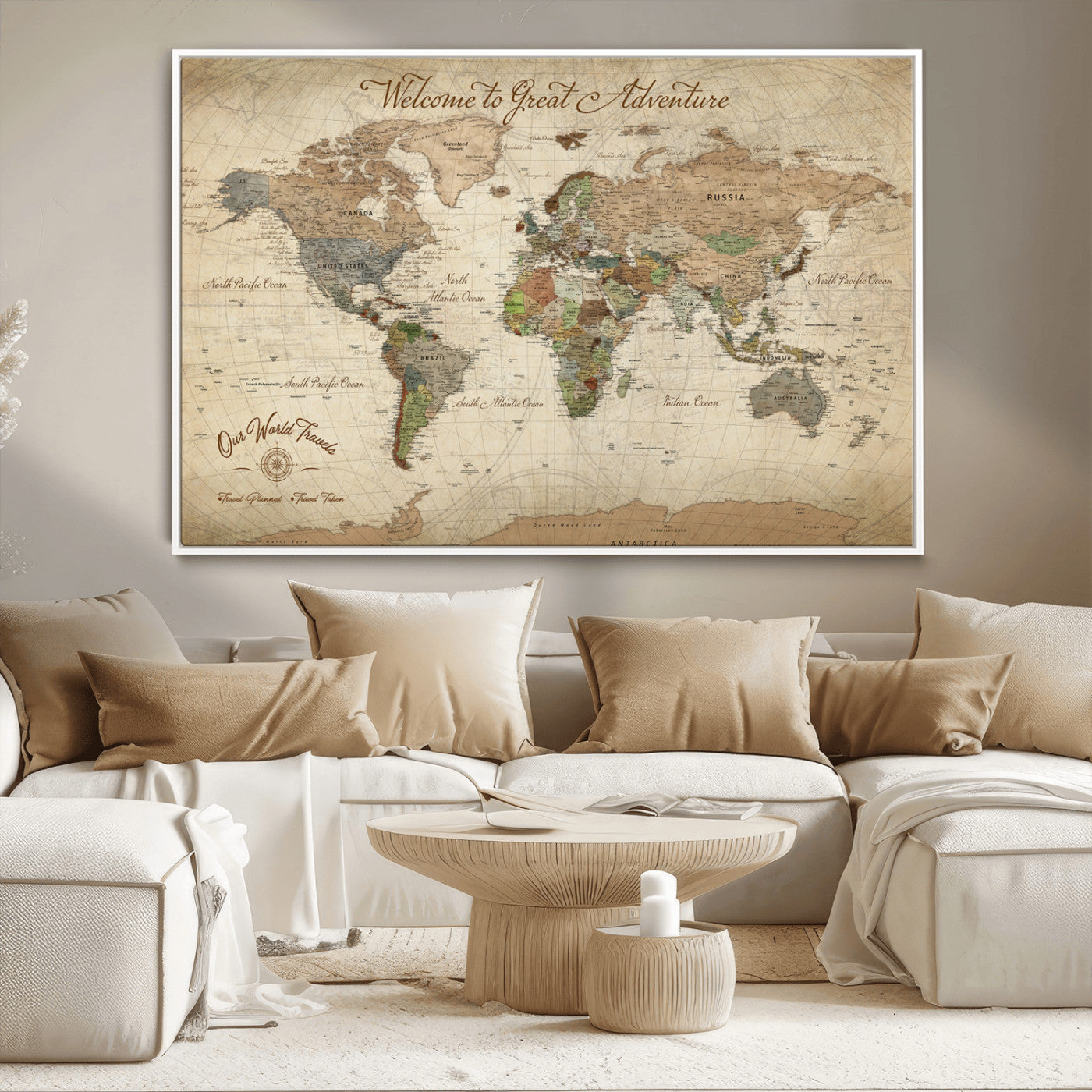 -Personalized Antique World Map Canvas Print – Custom Push Pin Travel Tracker Vintage Adventure Gift for Couples for Home, Office