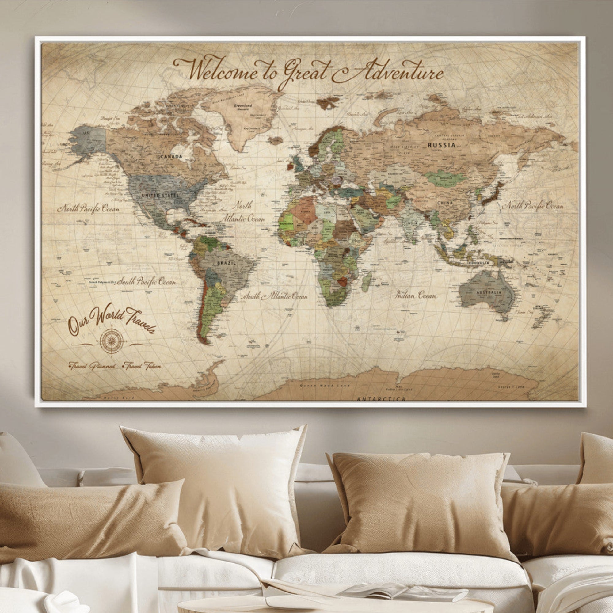 Rehber01-MGV-CV-36X24-Personalized Antique World Map Canvas Print – Custom Push Pin Travel Tracker Vintage Adventure Gift for Couples for Home, Office