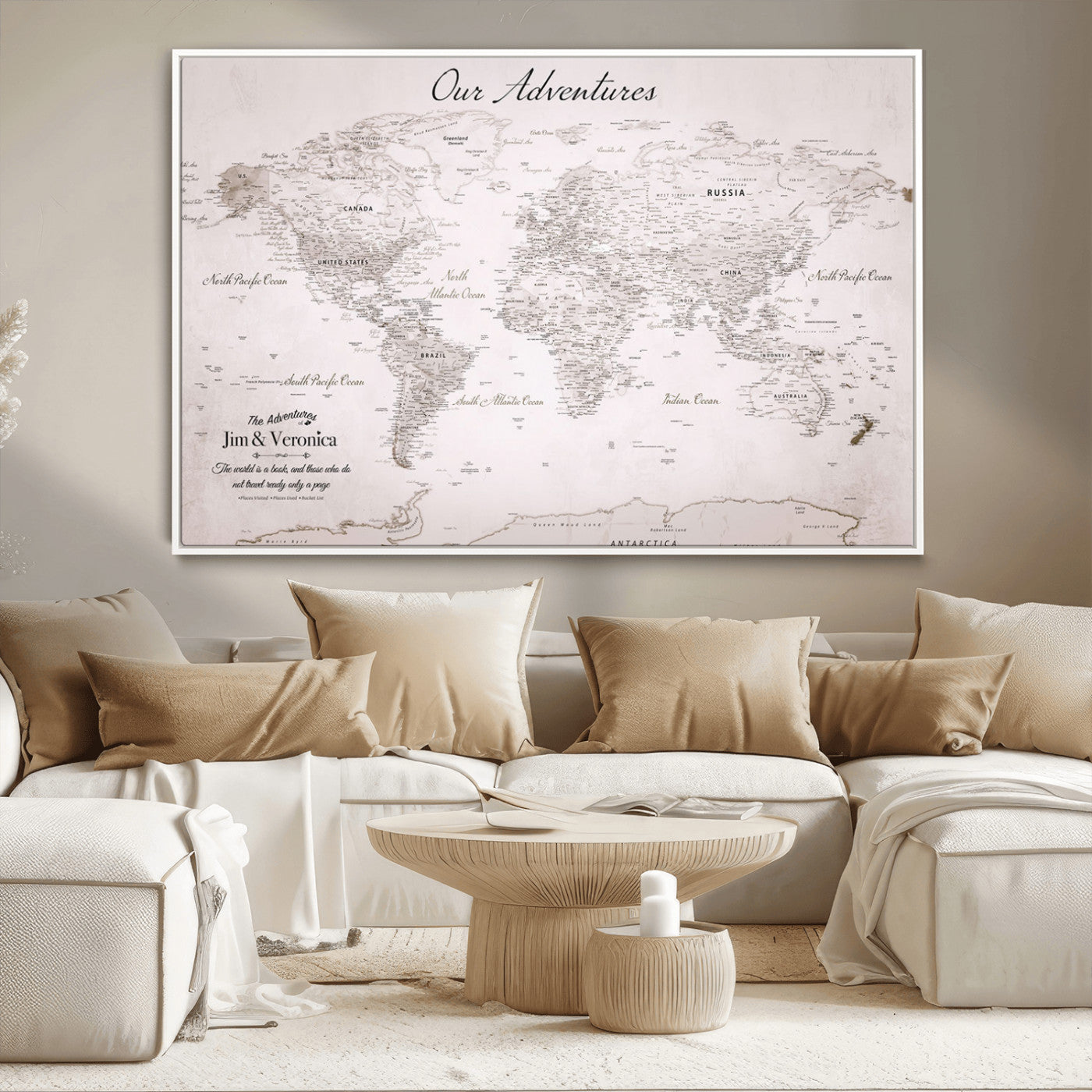 -Customize Push Pin World Map Wall Art Canvas Print – Personalized Travel Map with Foam Pins Framed for home, office
