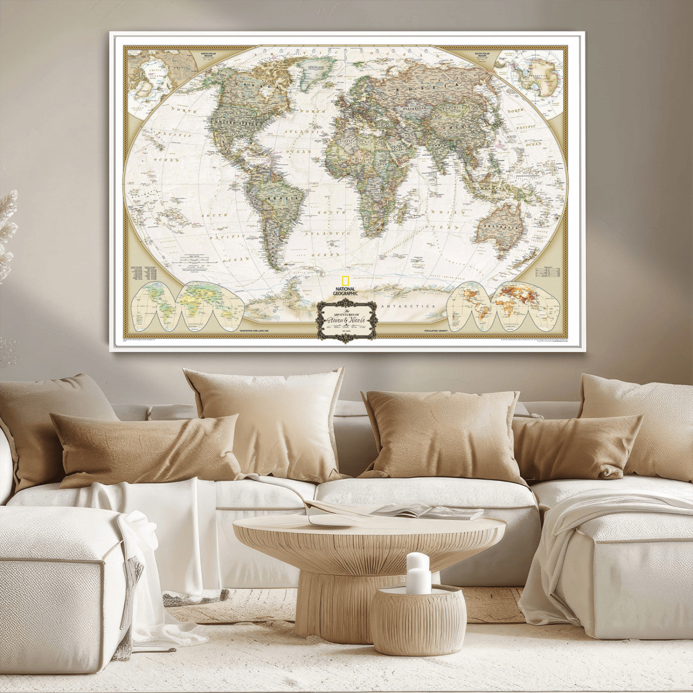 -World Map Wall Art Canvas – National Geographic Style Framed Map Print, Elegant Educational Wall Decor for Home, Office