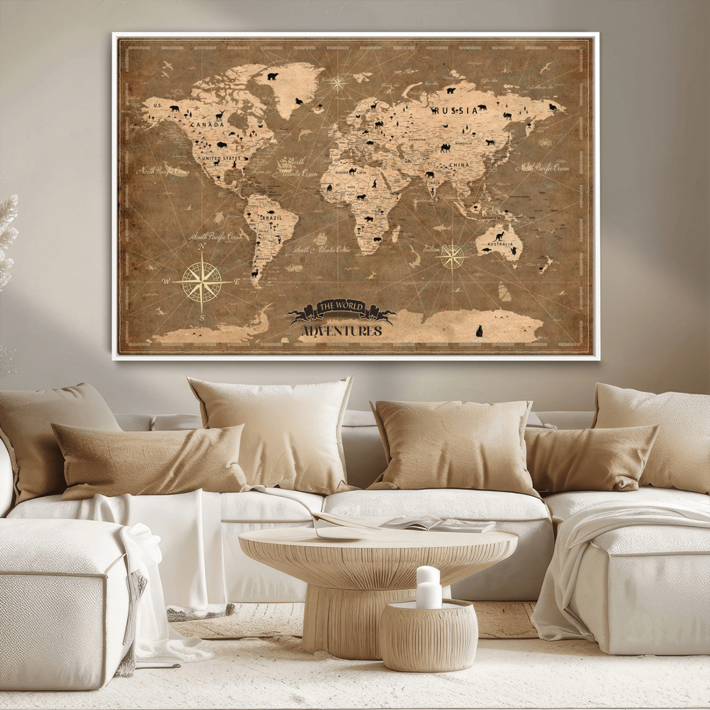 Rehber01-MGV-CV-36X24-Customize Push Pin World Map Wall Art Canvas Print – Personalized Kids Room Framed Map Travel Tracker for home, office