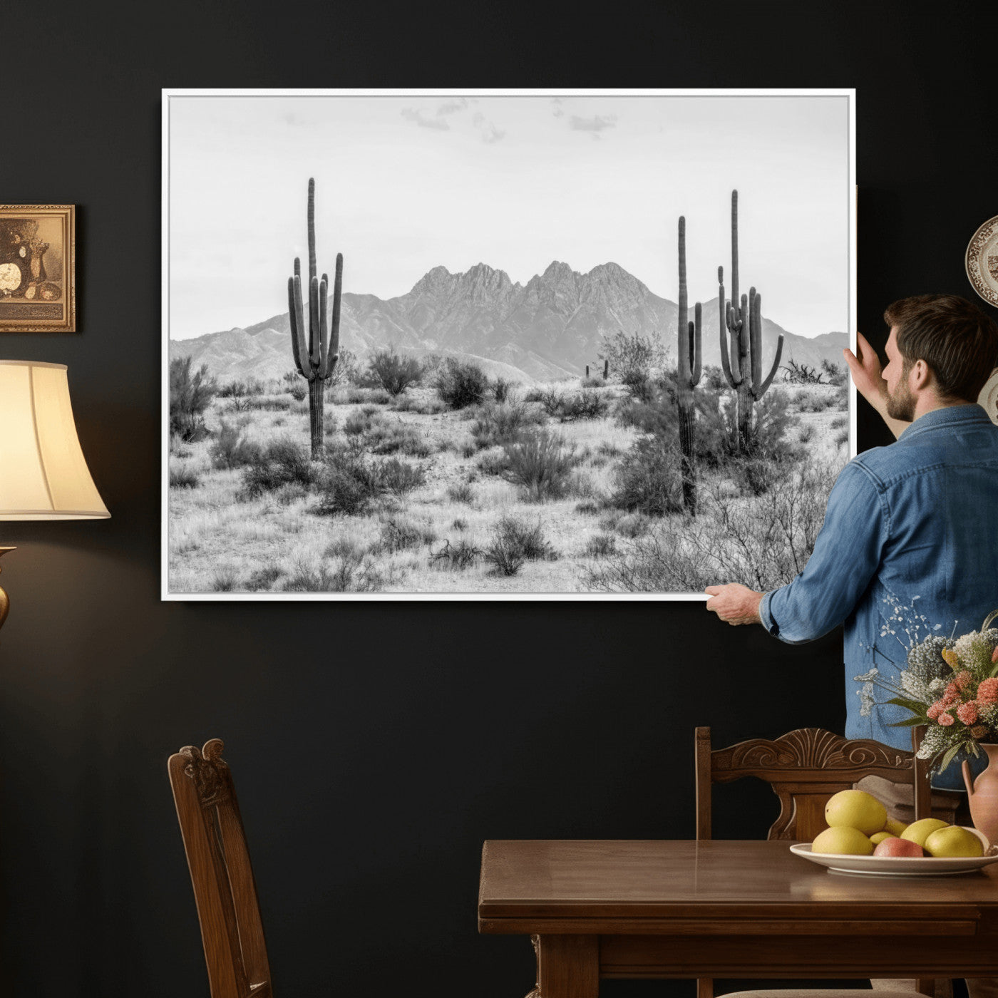 97436PHN-MGV-CV-36X24 - Black White Arizona Desert Canvas Wall Art Cactus Farmhouse Wall Art