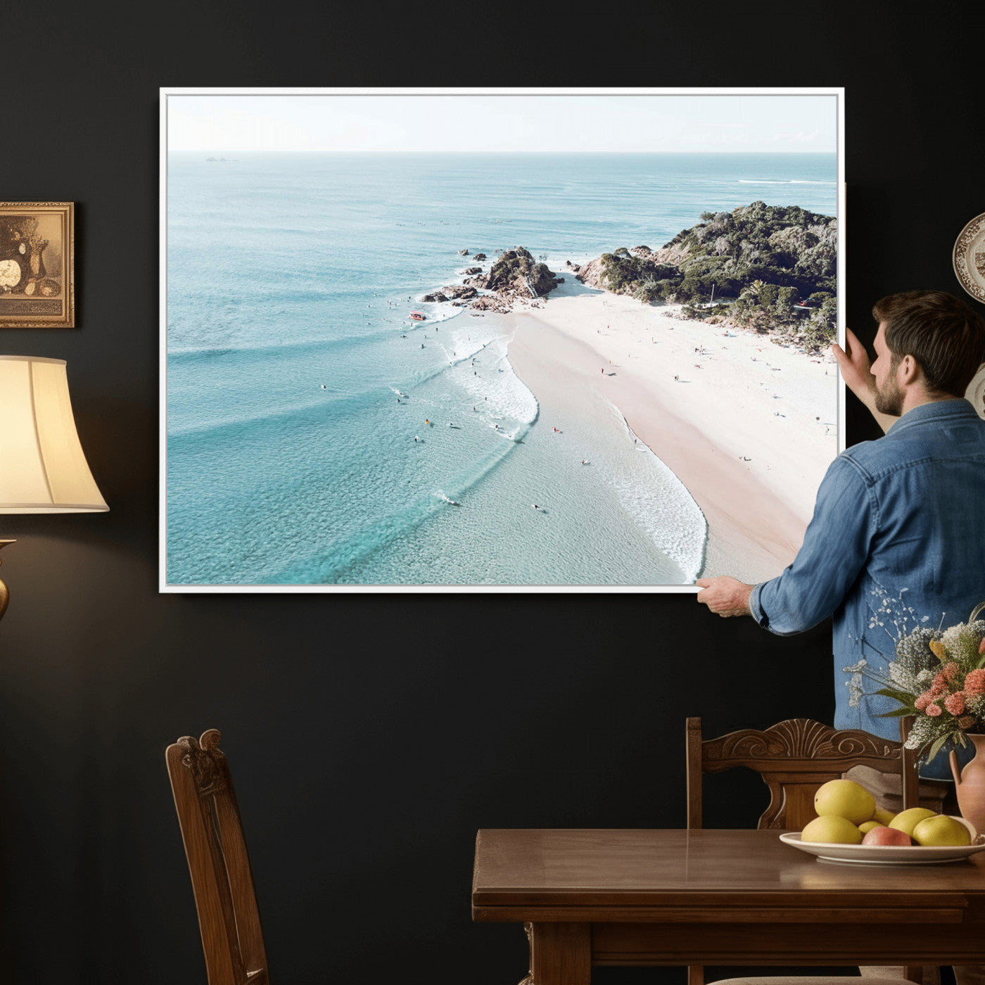 79395467-MGV-CV-36X24 - Aerial Beach Wall Art Canvas Print, Coastal Ocean Waves and Surfers Scenic Seaside Artwork for Home, Office Decor