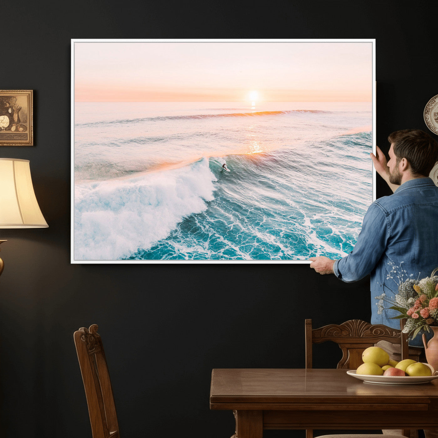 34064591-MGV-CV-36X24 - Sunset Surfing Wall Art Canvas Print, Ocean Wave Surfer with Golden Sky Artwork for Home, Office, Living Room