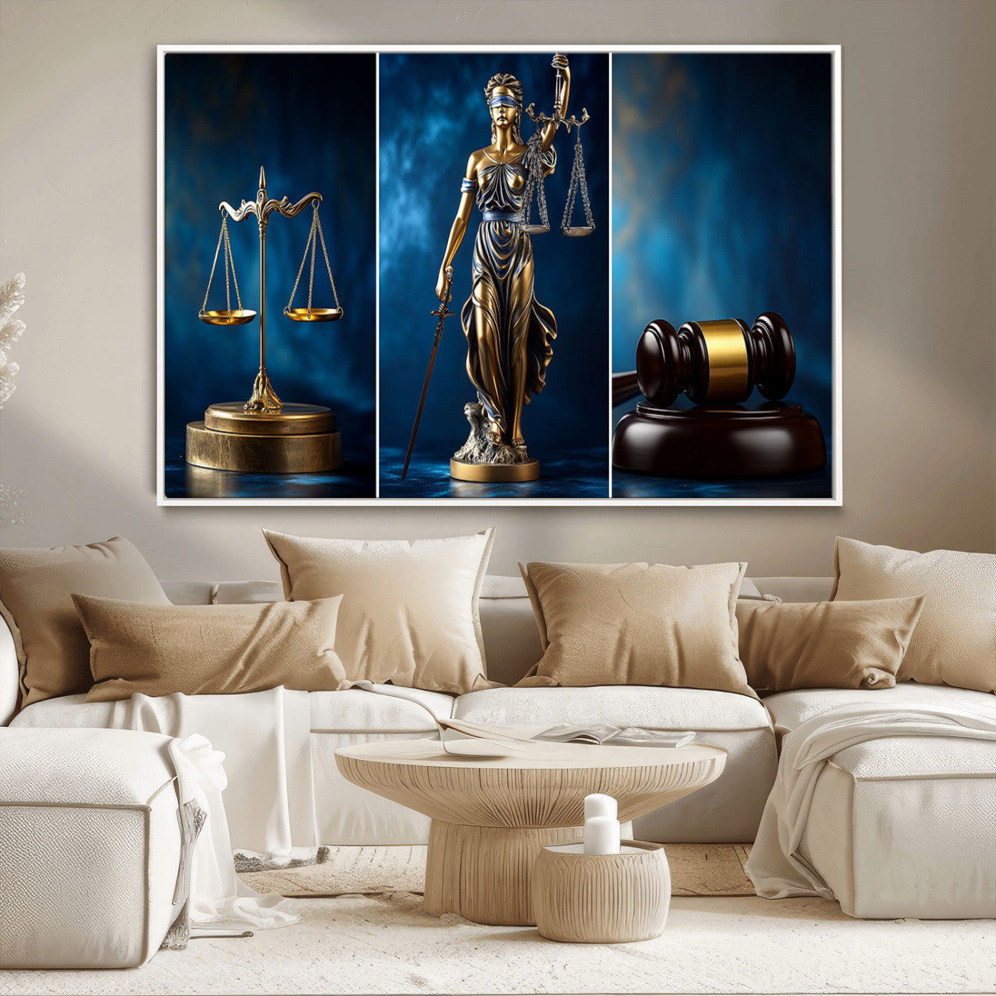 87750525-MGV-CV-36X24-Justice Scales Statue Wall Art, Lady Justice Sculpture Canvas Print, Legal Law Decor, Courtroom