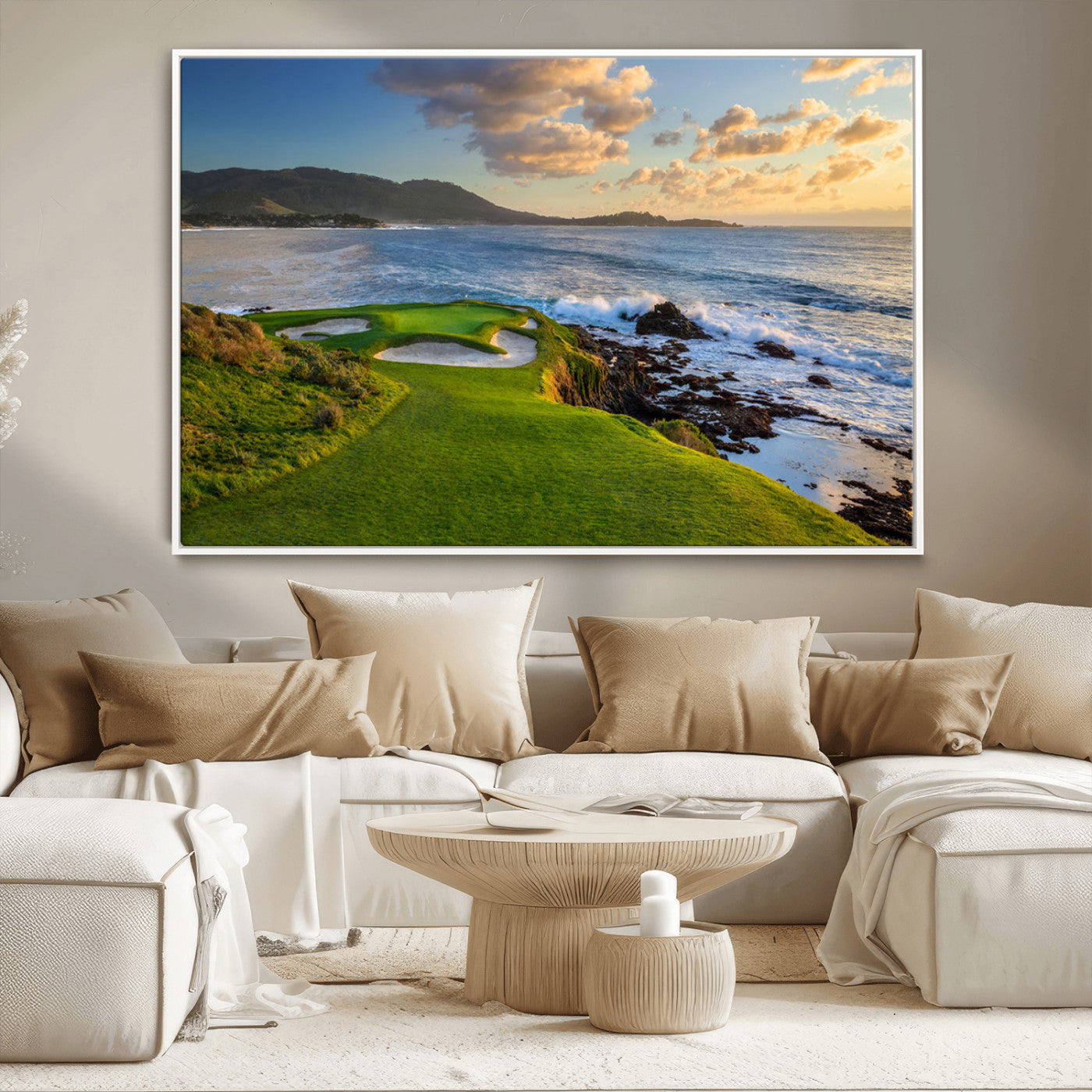 -Coastal Golf Course Wall Art Canvas Print – Sunset with Rolling Green Fairways and Ocean Waves Artwork for Home, Office