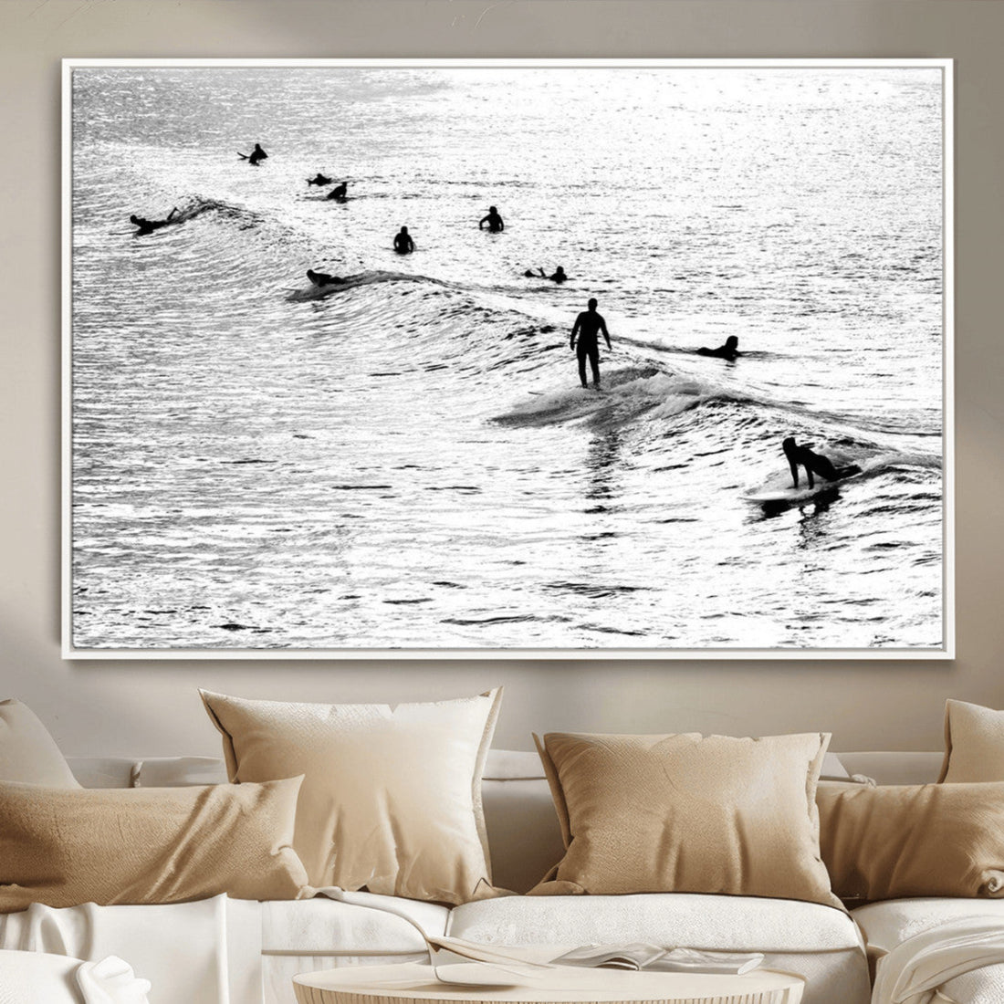 Black White Surfers Wall Art Canvas Print, Riding Gentle Ocean Waves