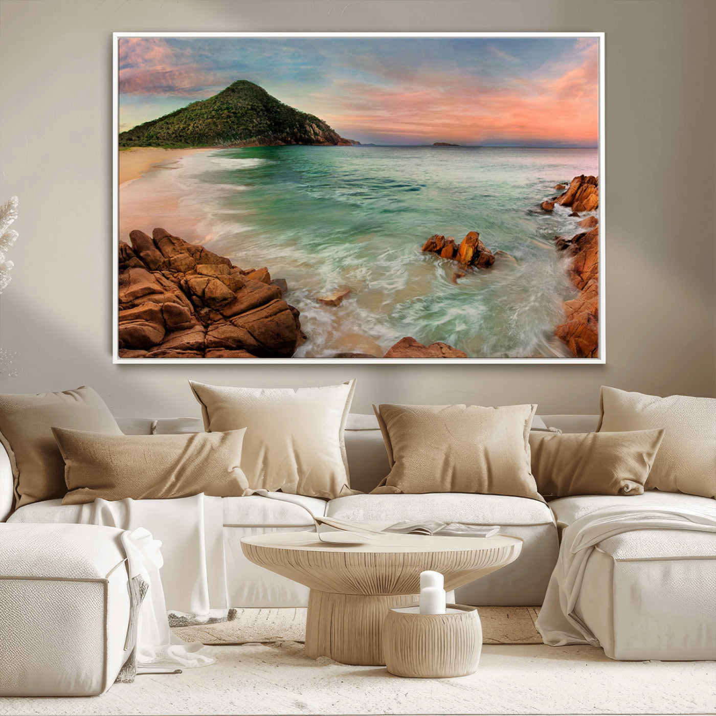 -Coastal Landscape Wall Art Canvas Print – Rocky Shore and Green Hills at Sunset Beautiful Ocean View Artwork for Home, Office