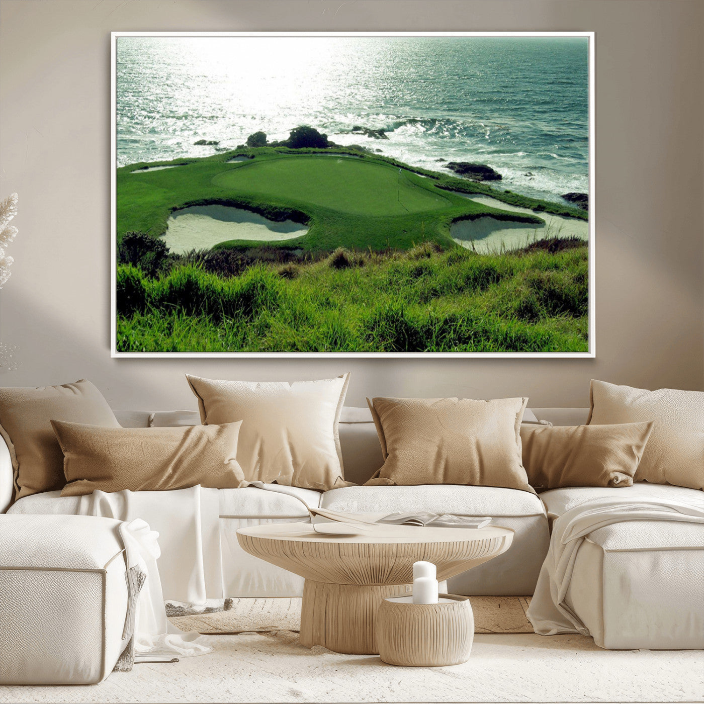 -Coastal Golf Course Wall Art Canvas Print – Scenic Green Surrounded by Sand Bunkers and Ocean Waves Artwork for Home, Office