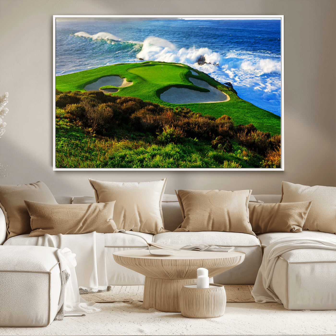 34181847-MGV-CV-36X24-Coastal Golf Course Wall Art Canvas Print – Vibrant Green with Sand Bunkers Overlooking Ocean Waves Artwork for Home, Office