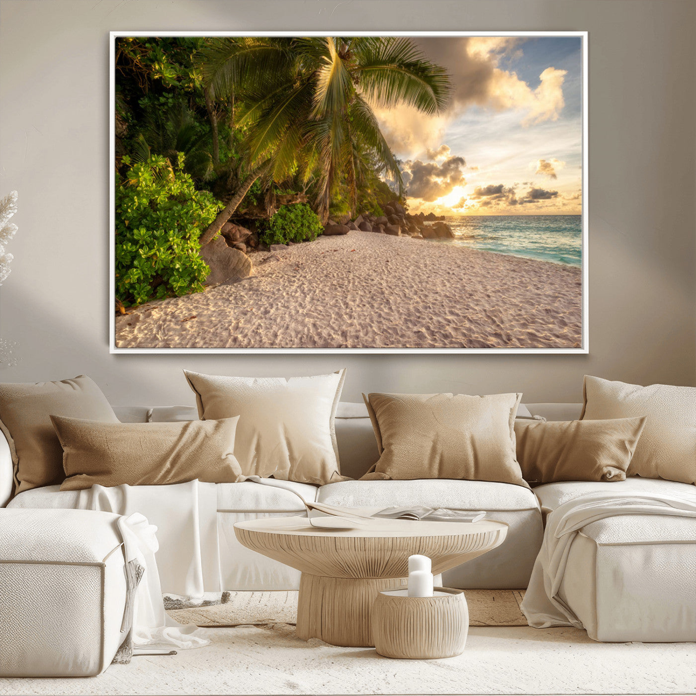MGV-FC-36X24 - Tropical beach sunset, palm trees, white sand, ocean waves, golden sky, serene landscape, nature