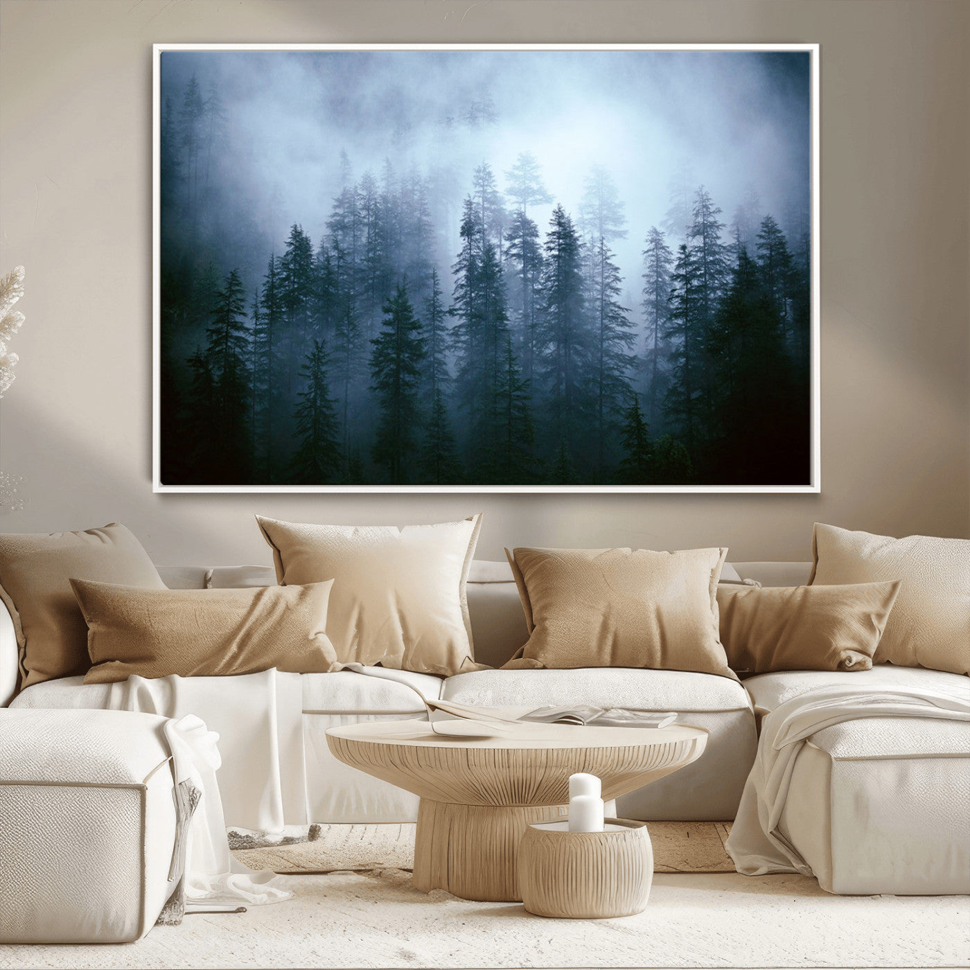 93439624-MGV-CV-36X24-Foggy Evergreen Pines Mist Forest Blue Haze Moody Atmospheric Wilderness Nature Trees Scenic